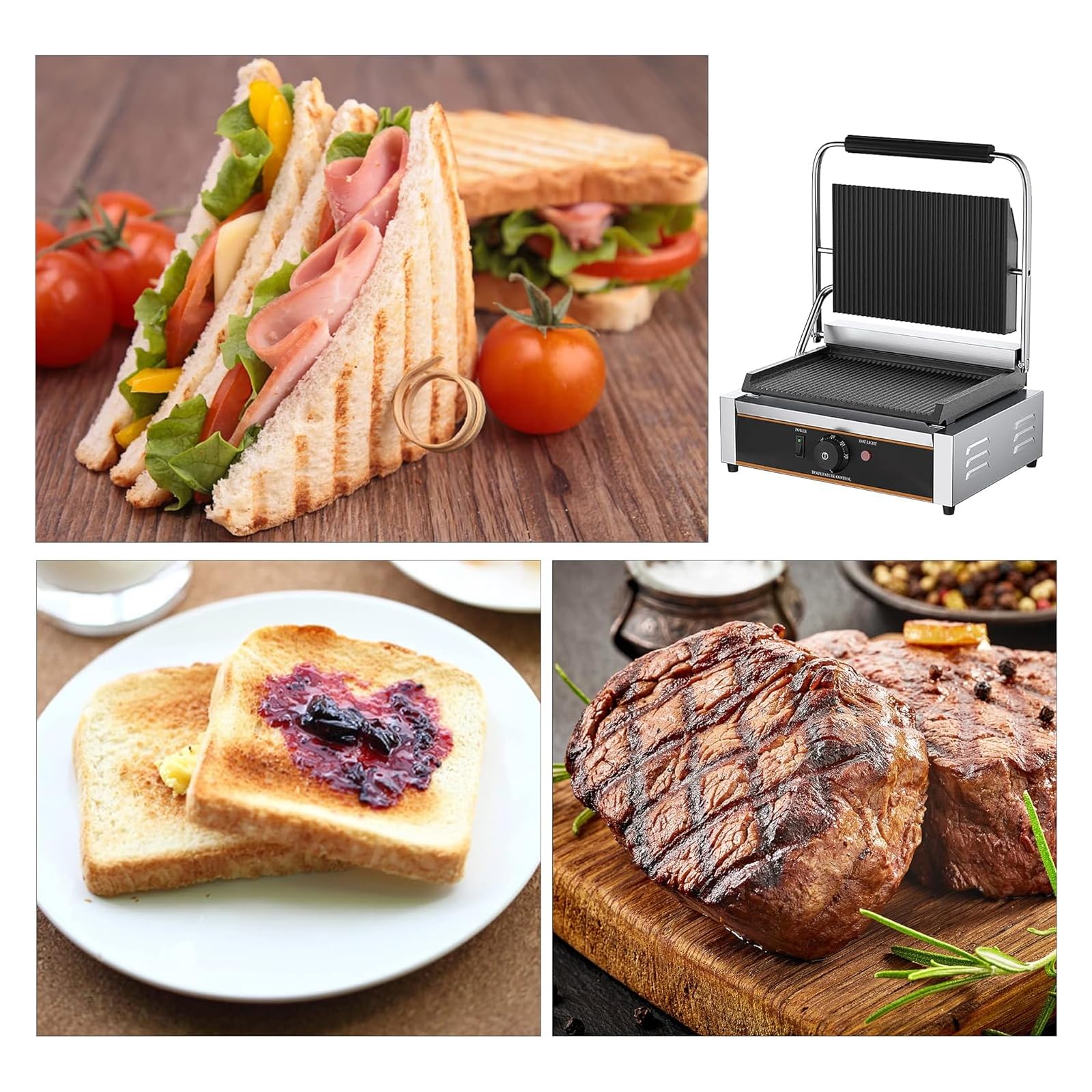 Parrilla De Prensa De Sándwich Comercial, 220 V, Máquina De Prensa Eléctrica Panini, 122.0-300 ℃, Control De Temperatura Ajustable, Superficie Antiadherente, Placas Planas Dobles, 3600 W, Tostadora P