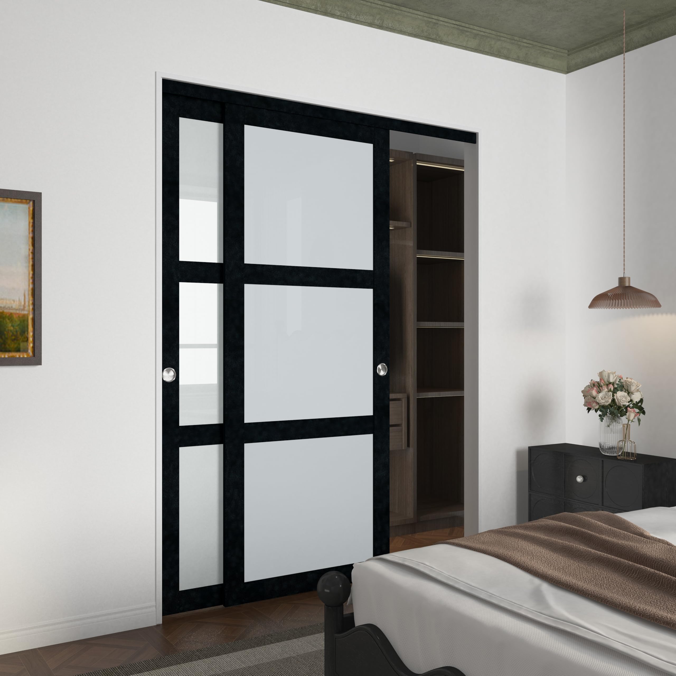 Photo 1 of ***DAMAGED - SEE NOTES/PICTURES***TRUCK/TRAILER PICKUP ONLY*** BARNSMITH 60x80" Sliding Closet Door, 3-Panels Preassembled Frosted Glass Door Panel with Hardware Kits & Matching Fascia, MDF Covered with Water-Proof & Anti-Scratch PVC Surface, Black