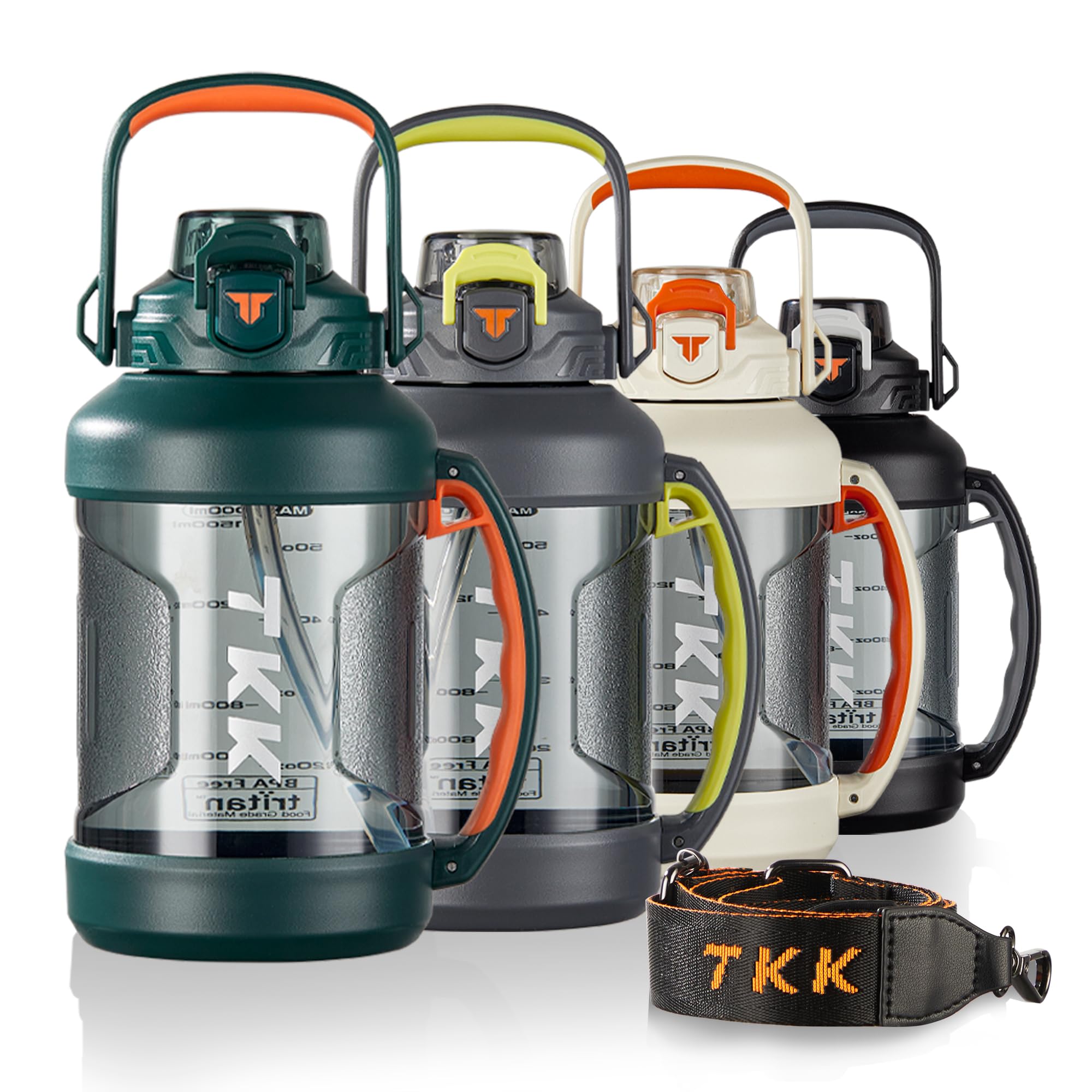 TKK Botella de agua deportiva de medio galón con pajilla, tapa 2 en 1, apta para lavavajillas, sin BPA, a prueba de fugas, botella de plástico Tritan de gran capacidad, botella de agua de 1/2 galón de