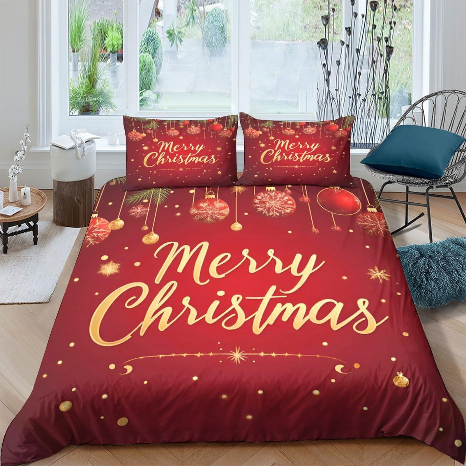 Ctjqhvkz Style-1 3D Printed Red Christmas Ornament Fitted Sheet Microfiber Soft Gold Script Bed Cover For Bedroom Guest Room Decor Single（135X200cm）