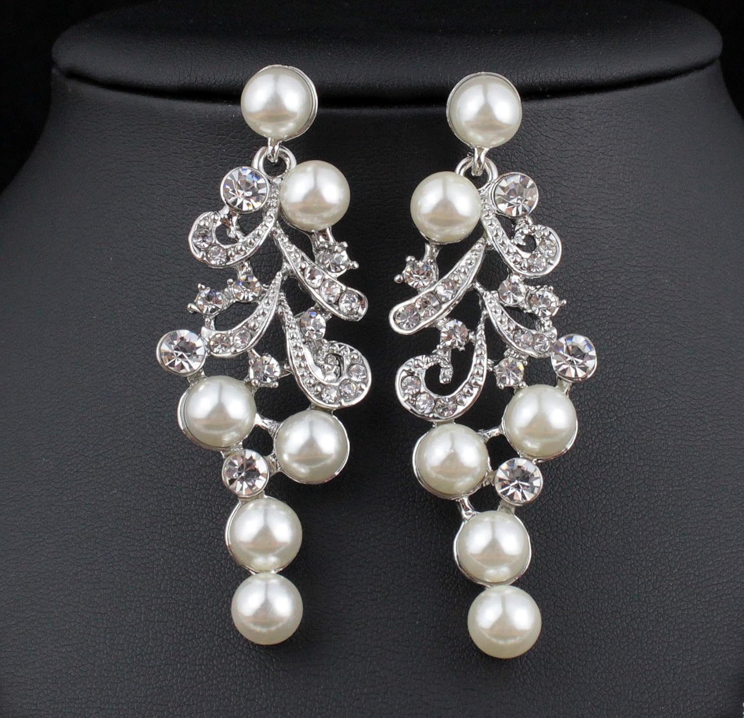 Vine Silver Gold Faux Pearl White Austrian Rhinestone Bib Statement Necklace Collar Choker Earrings Jewelry Set Bridal Wedding Prom Pageant Party N922