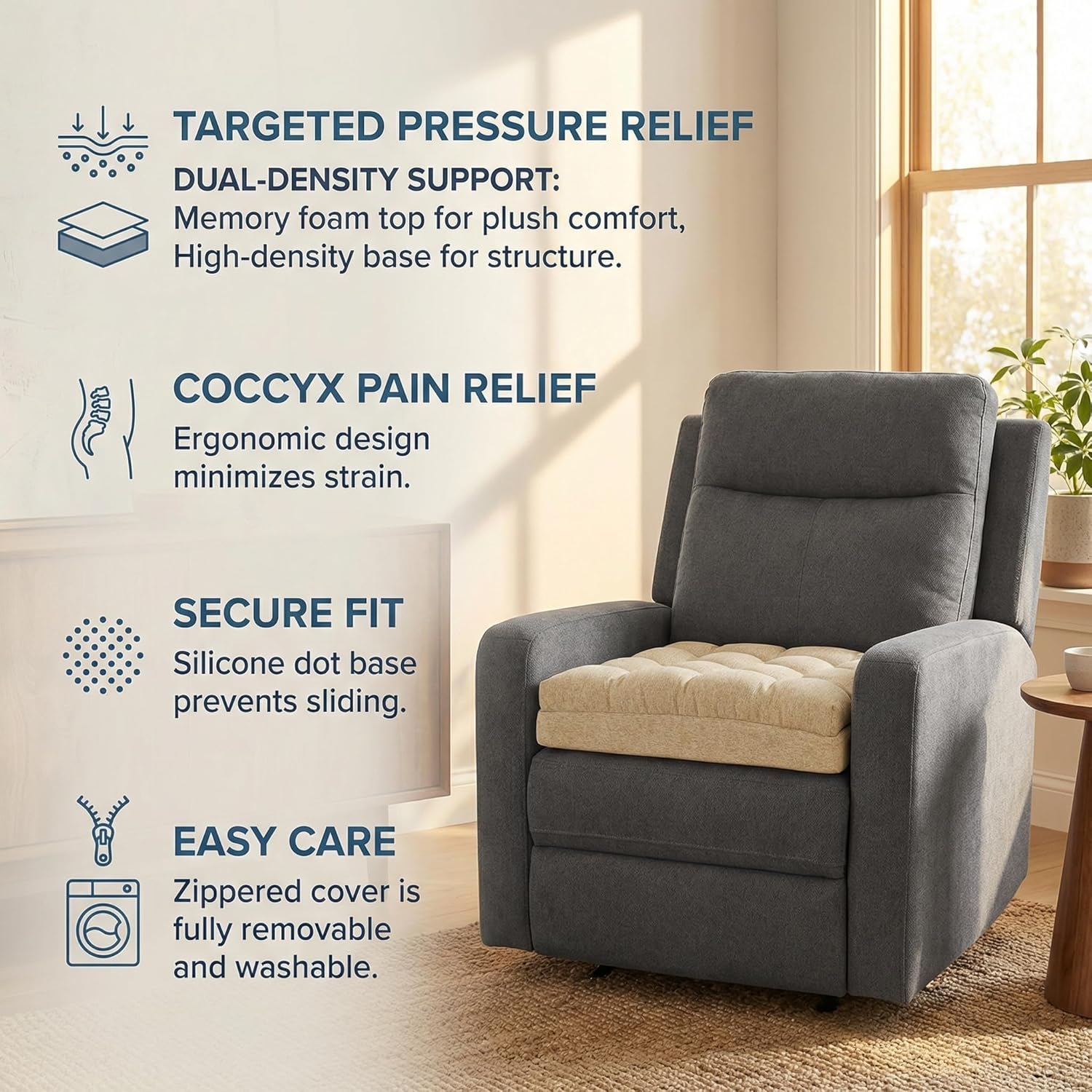 baibu Extra Large Memory Foam Recliner Cushions for Elderly, 20x20x5 Inch Thick Dual-Layer Patent Design Non-Slip Recliner Seat Cushion for Couch for Easy to Stand Up & Reduce Hip & Lumbar Pain, Beige - Image 4