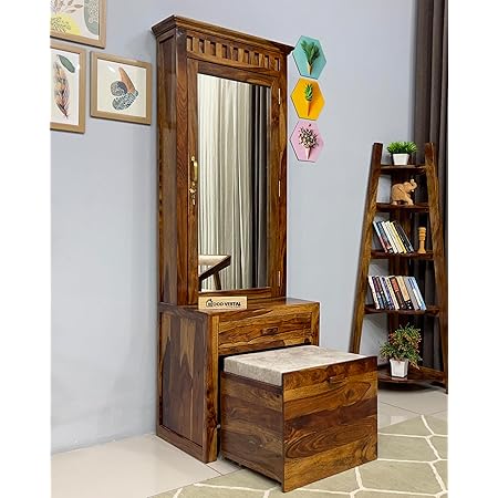 Wood Vestal Woodvestal Sheesham Wood Dressing Table with Stool | Wooden Dressing Table | Sheesham Wood | Bedroom Furniture, Natural(Brown)