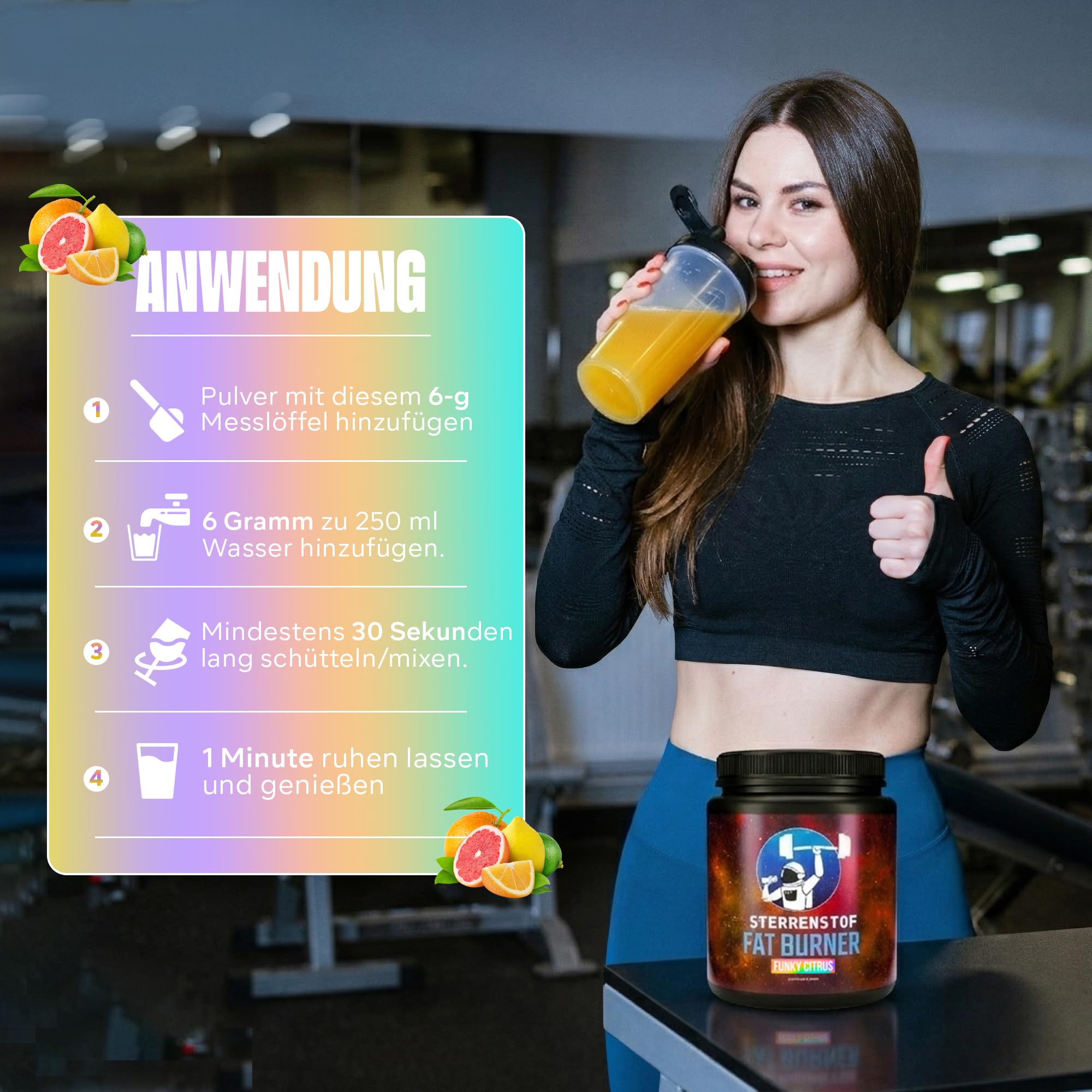 Sterrenstof Fat Burner – Funkige Zitrusfrüchte – Fettverbrenner Appetitzügler mit L-Carnitin, L-Tyrosin, L-Theanin, Grüntee-Extrakt, Koffein – Schnell abnehmen, Diät, 300g Pulver, 50 Portionen