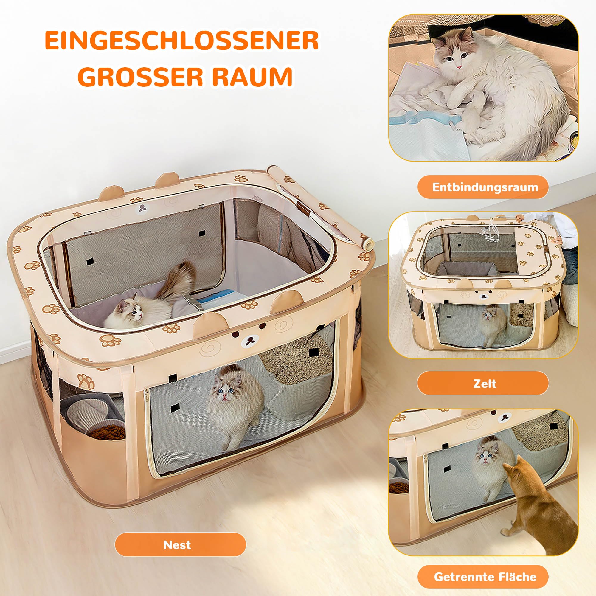 ALLSOPETS Welpenauslauf Faltbarer Laufstall Hund Katze, Tragbarer Welpenlaufstall Hundebox Freigehege mit Tragetasche für Innen, Außen, Reisen und Camping (Brauner Bär, XXL)