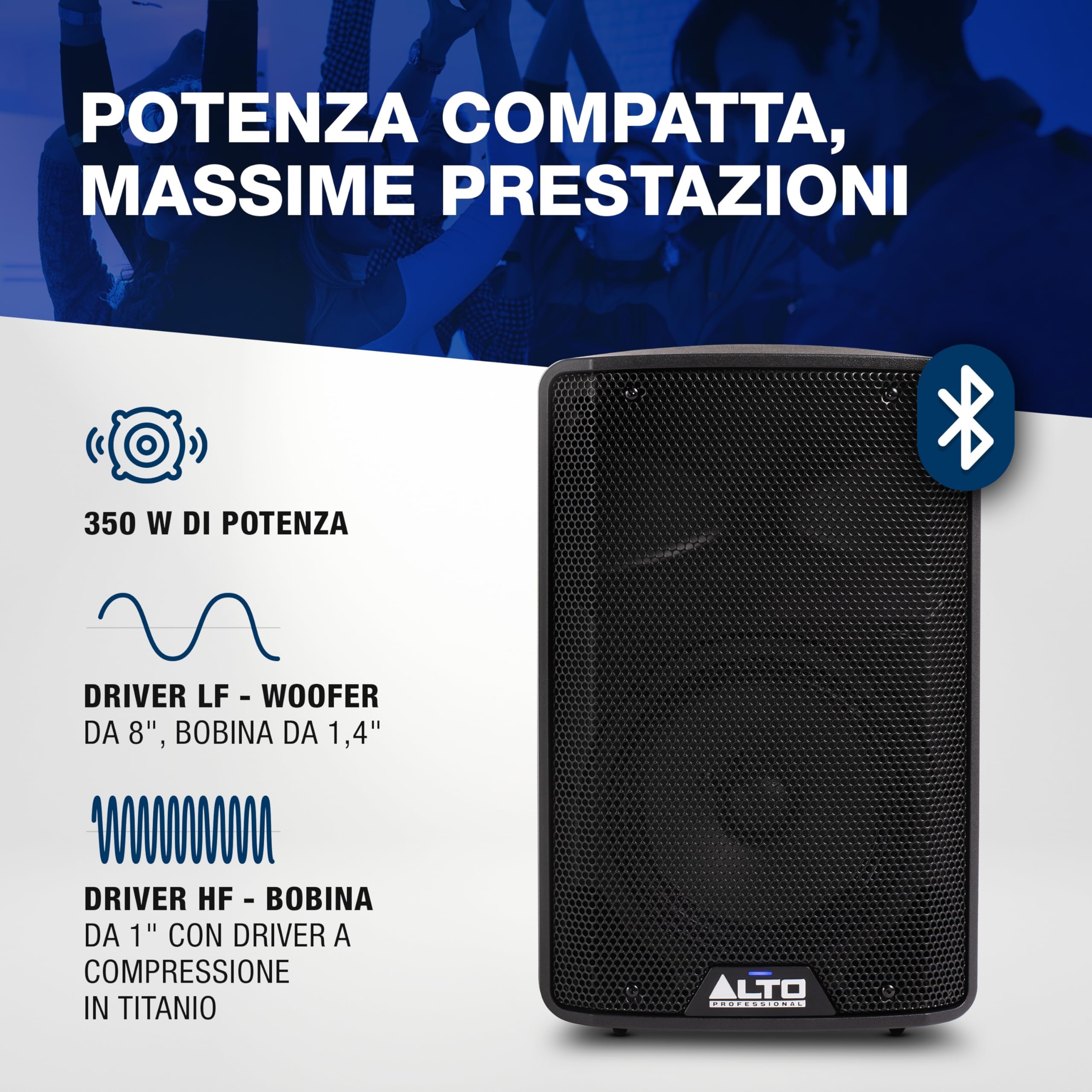 ALTO TX408 Cassa Amplificata Attiva 8" 350W Bluetooth Mixer 2 Canali per DJ e Musicisti