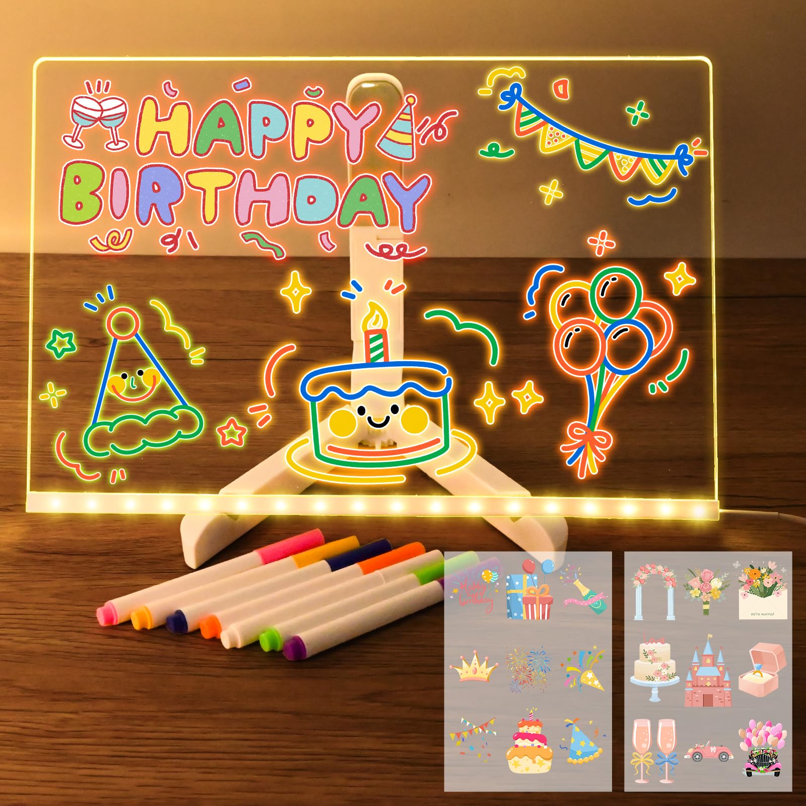 Joellfuner Tablero Acrílico Luminoso con Mensaje LED, Tablero de Mensajes LED, Tablero de Notas LED Limpiable, Luz Nocturna, con Pegatinas de Transferencia, 7 Colores Bolígrafo, para Niños, Adultos