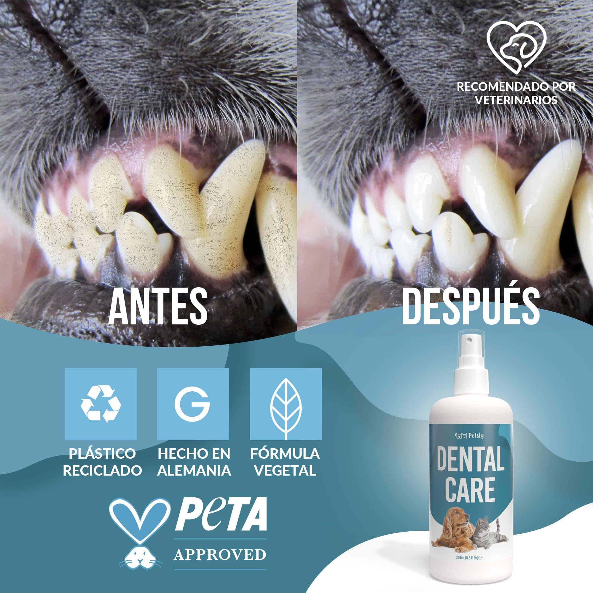 Petsly® Spray Dental Perros y Gatos - 250ml - Elimina el Mal Aliento, Reduce Sarro y Placa - Higiene Bucal sin Cepillado ni Enjuague - Ingredientes Naturales, Seguro si se Ingiere - Calidad Alemana