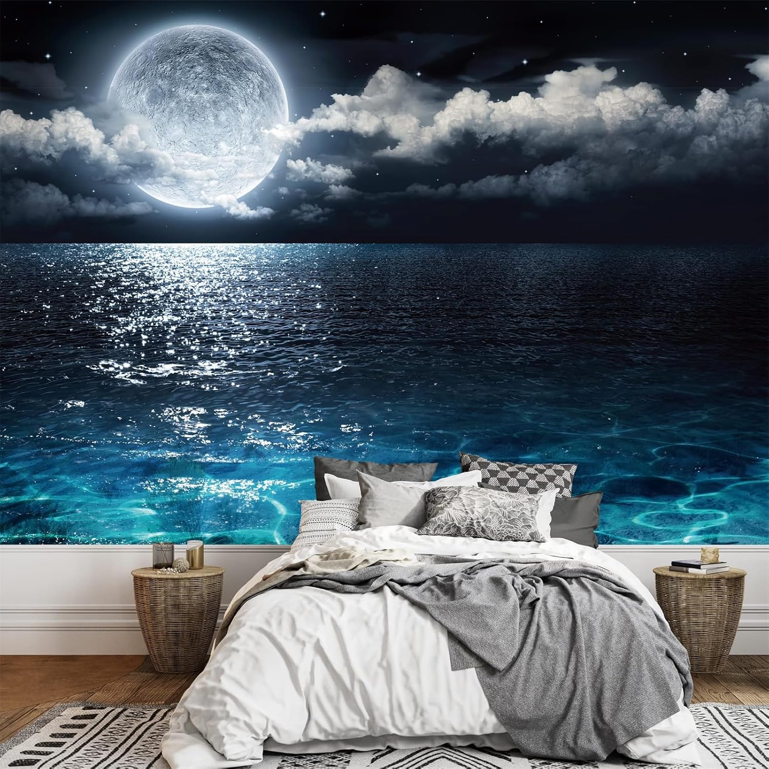 White Clouds On The Moon Self Adhesive Wallpaper, Sea Water Peel and Stick Wallpaper Decorative Wall Mural, Removable Large Sticker Posters Home Covering Interior,77" W x 55" H
