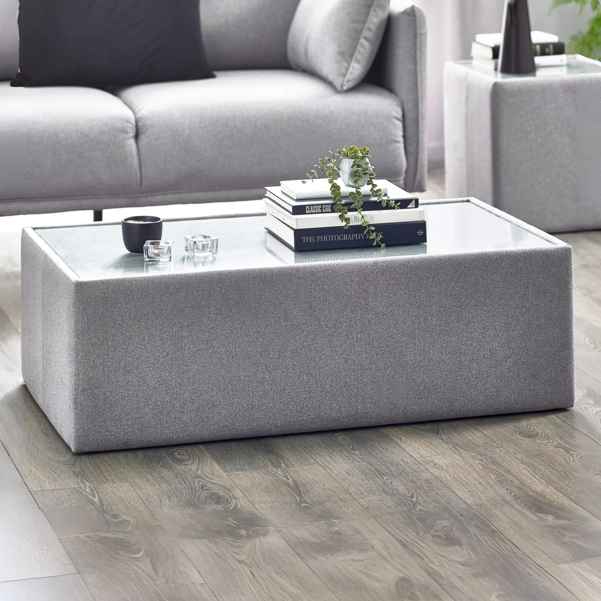 Julian Bowen Rohe Coffee Table - Platinum Grey Wool Effect Fabric - Rectangular Glass Top