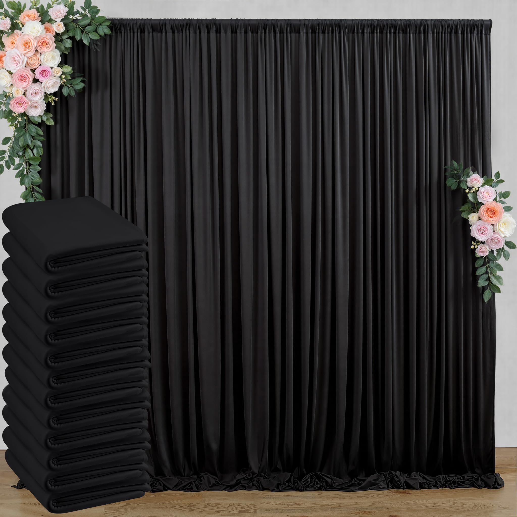 Photo 1 of 60 ft x 10 ft Wrinkle Free Black Backdrop Curtain for Parties, 12 Panels 10ft Polyester Black Photo Backdrop Drapes for Graduation Birthday Wedding Party Stage Curtains