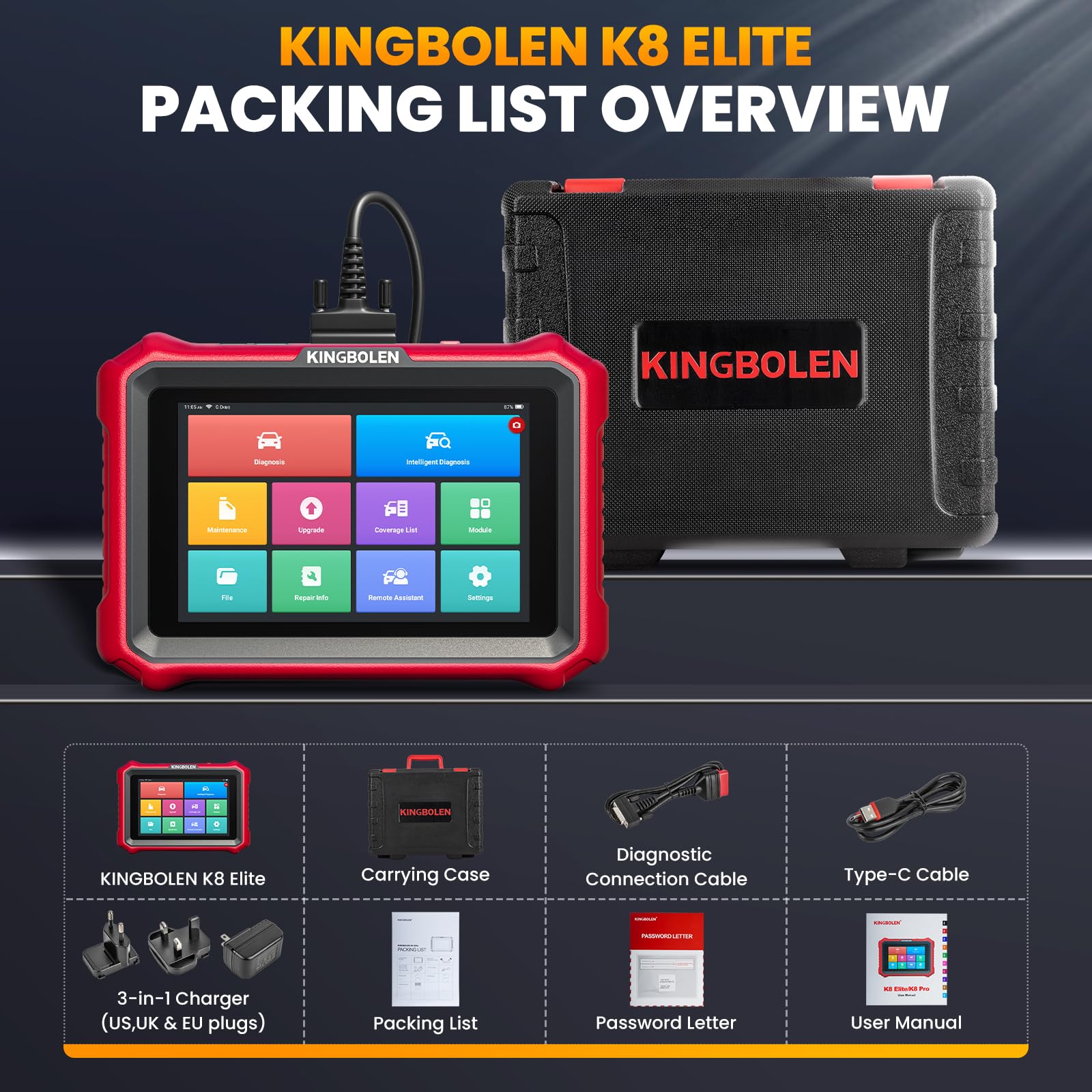 KINGBOLEN K8 Elite Obd2 Diagnosegerät,Alles System Diagnosegerät Auto mit Bi-Direktionale Steuerung,42+ Dienst Zurücksetzen,ECU-Kodierung,V.A.G-geführte,FCA,CANFD＆DOIP,Lebenslanges Kostenloses Update