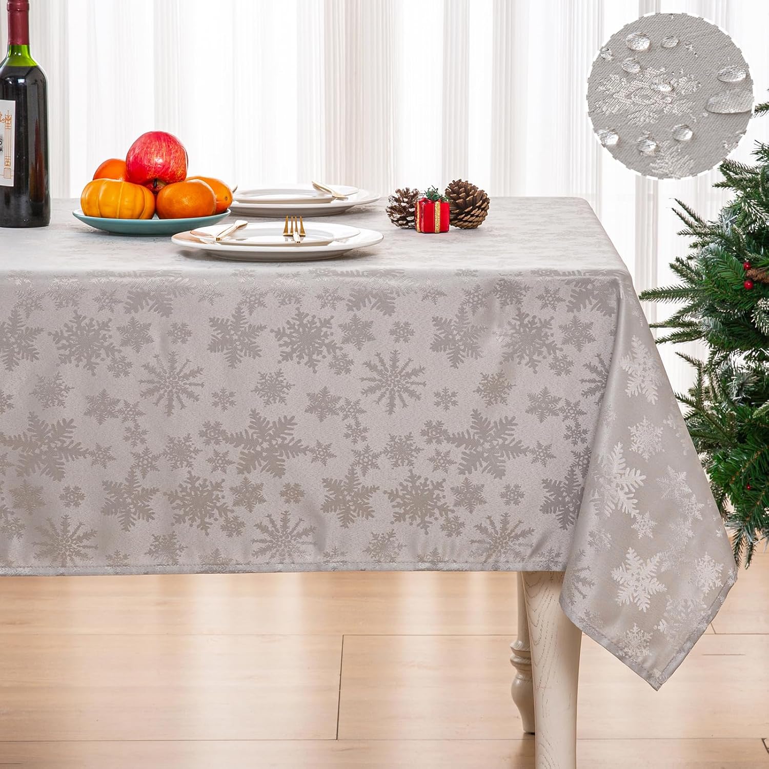 Mebakuk Christmas Jacquard Tablecloth Waterproof Damask Floral Pattern Table Cloth, Heavy Weight Wipeable Wrinkle Free Table Covers for Dinner or Daily Uses (Silver Gray, 60" x 84" (6-8 Seats)) 84" x 60" (Rectangular) Silver Gray
