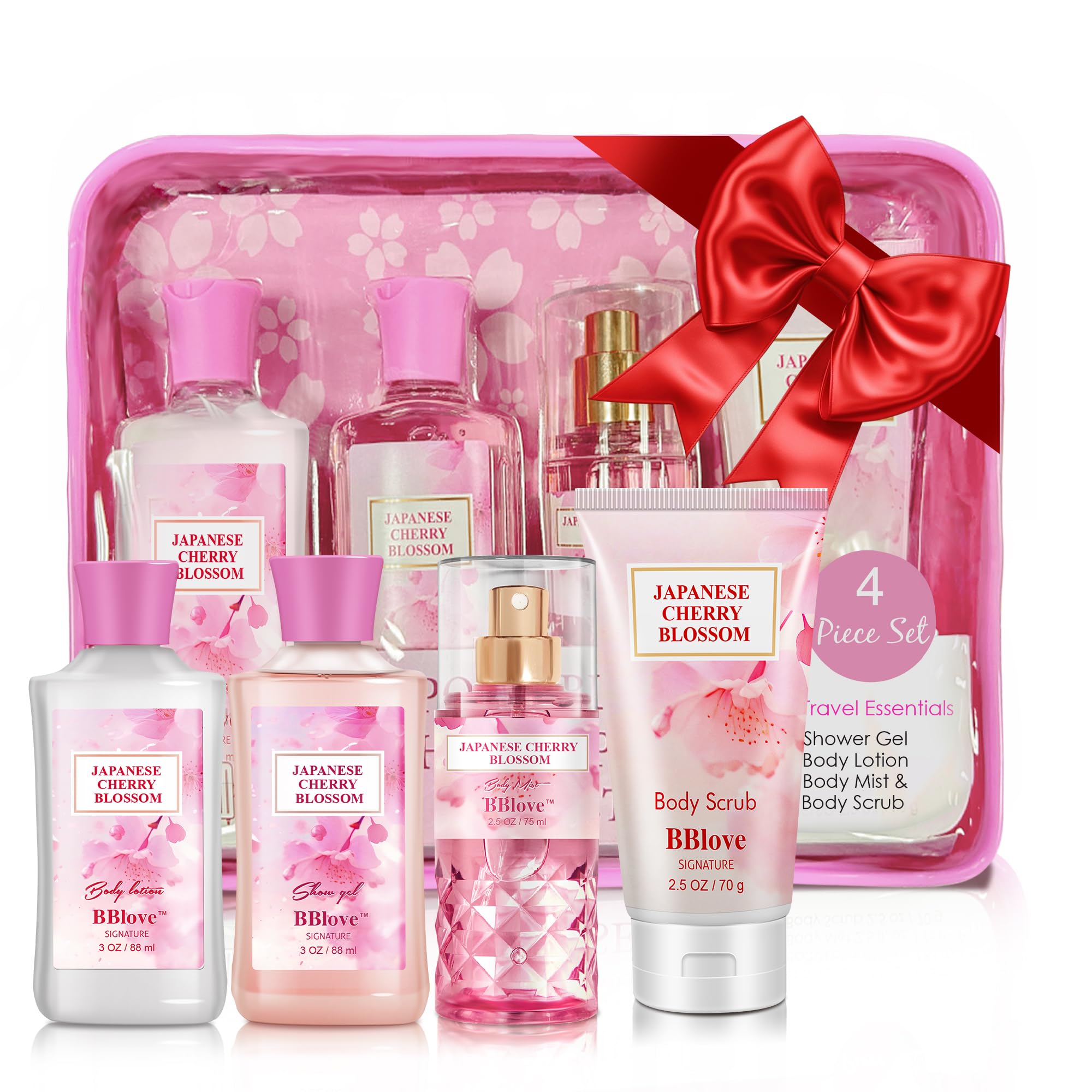 BBlove Bath and Body Gift Set for Women & Girls, Japanese Cherry Blossom, 4PCS Set for-Shower Gel, Body Lotion, Body Mist, Exfoliating Scrub, Body