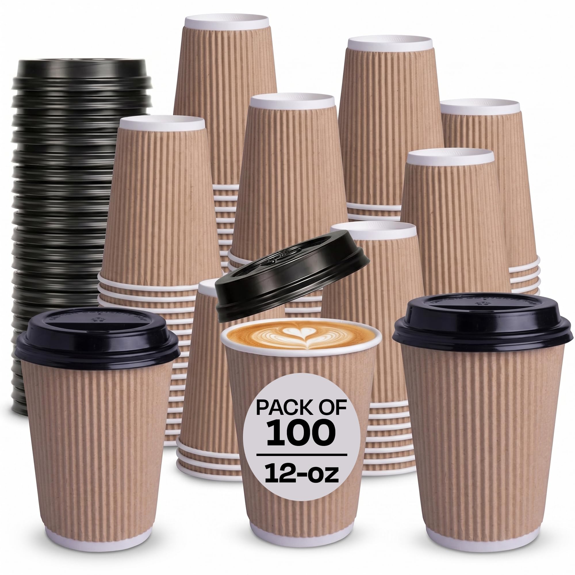 We Can Source It Ltd - 100 x 12oz Kraft Ripple Cups 3-PLY Disposable Insulated Paper Coffee Cups with Black SIP Through LIDS - Manufactured by WECANSOURCEITLTD