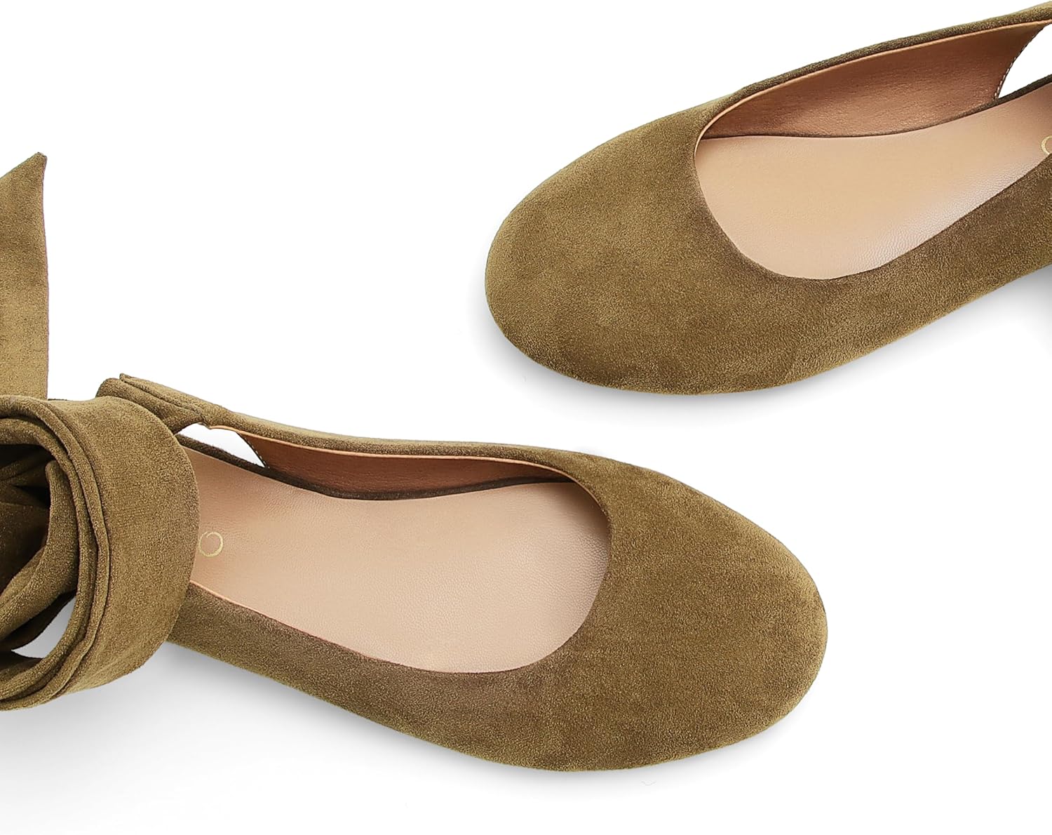 Suede Ballet Flats Shoes for Women Ankle Wrap Ballerina Flats Closed Round Toe Lace up Flat Shoes Cute Comfortable Casual Fashion Dress
