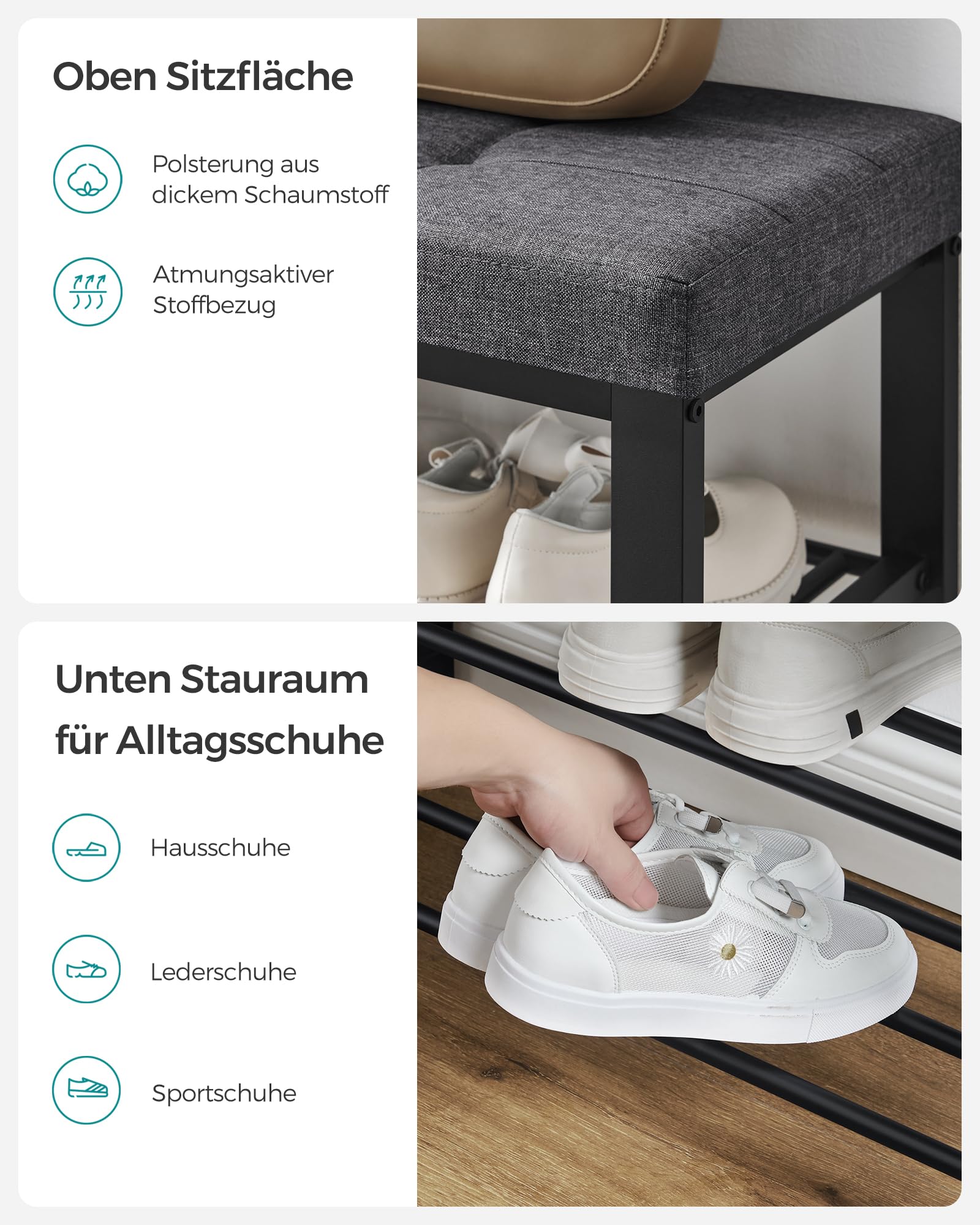 SONGMICS Schuhbank, Schuhregal mit 3 Ebenen, Schuhaufbewahrung, Sitz mit Schaumstoffpolsterung, Leinen, Metallrahmen, für Wohnzimmer Eingangsbereich, 31 x 81 x 49 cm, dunkelgrau-schwarz LBS057B01