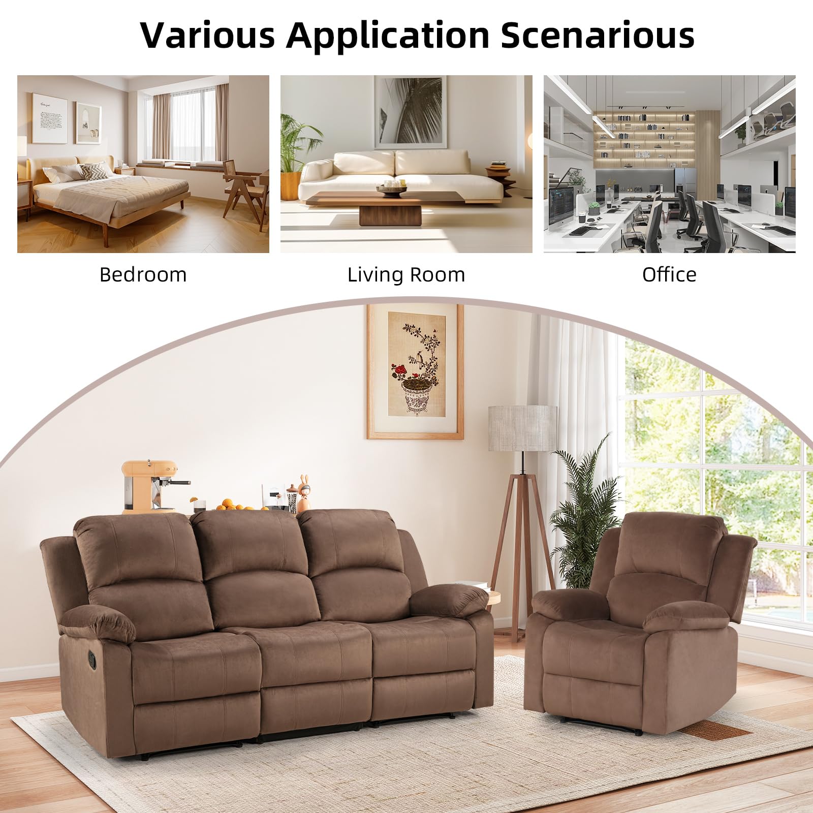 EBELLO Manual Reclining Couch Set for Living Room, Include 1 Recliner Chair, 3 Seat Sofa, Soft Microfiber Recliner Sofa Furniture Set for Home and Office, Brown view 7