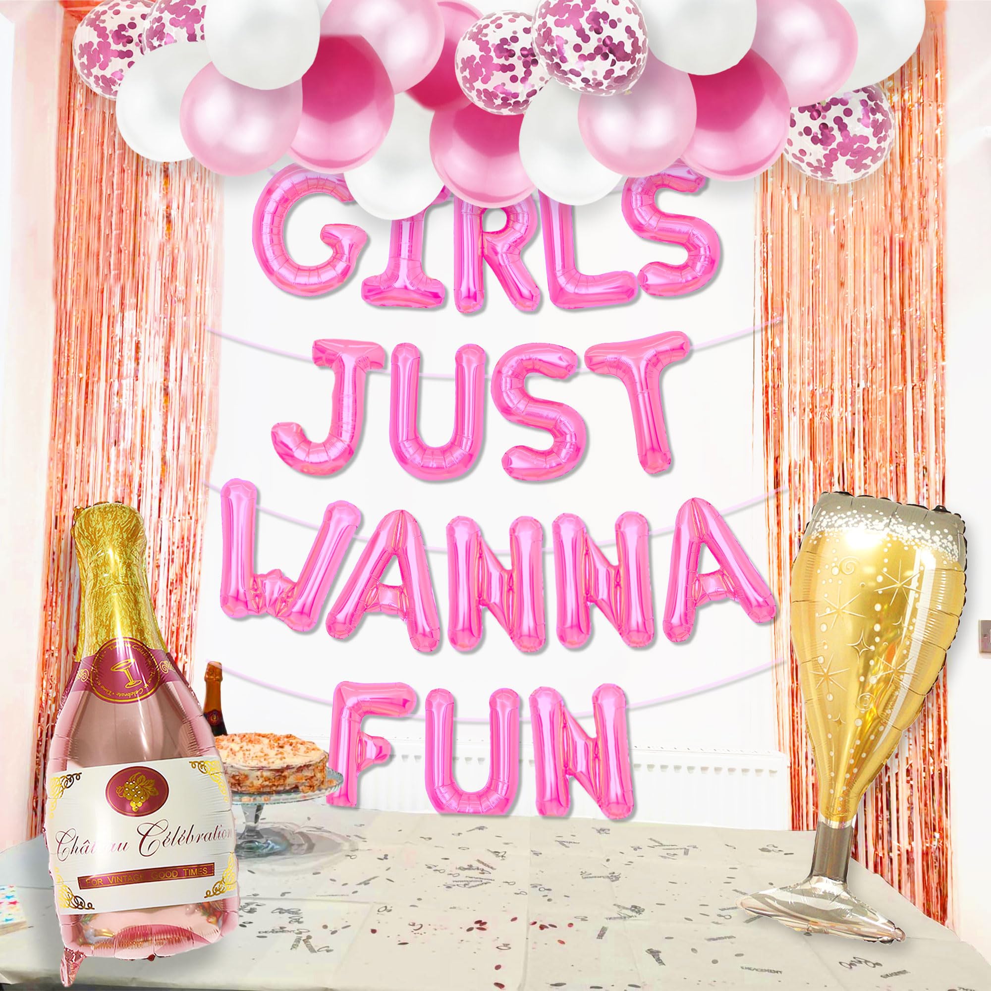 WFKLDF Girls Just Wanna Have Fun Bannière – Décorations de nuit pour filles – Décorations de fête d'enterrement de vie de jeune fille Or rose
