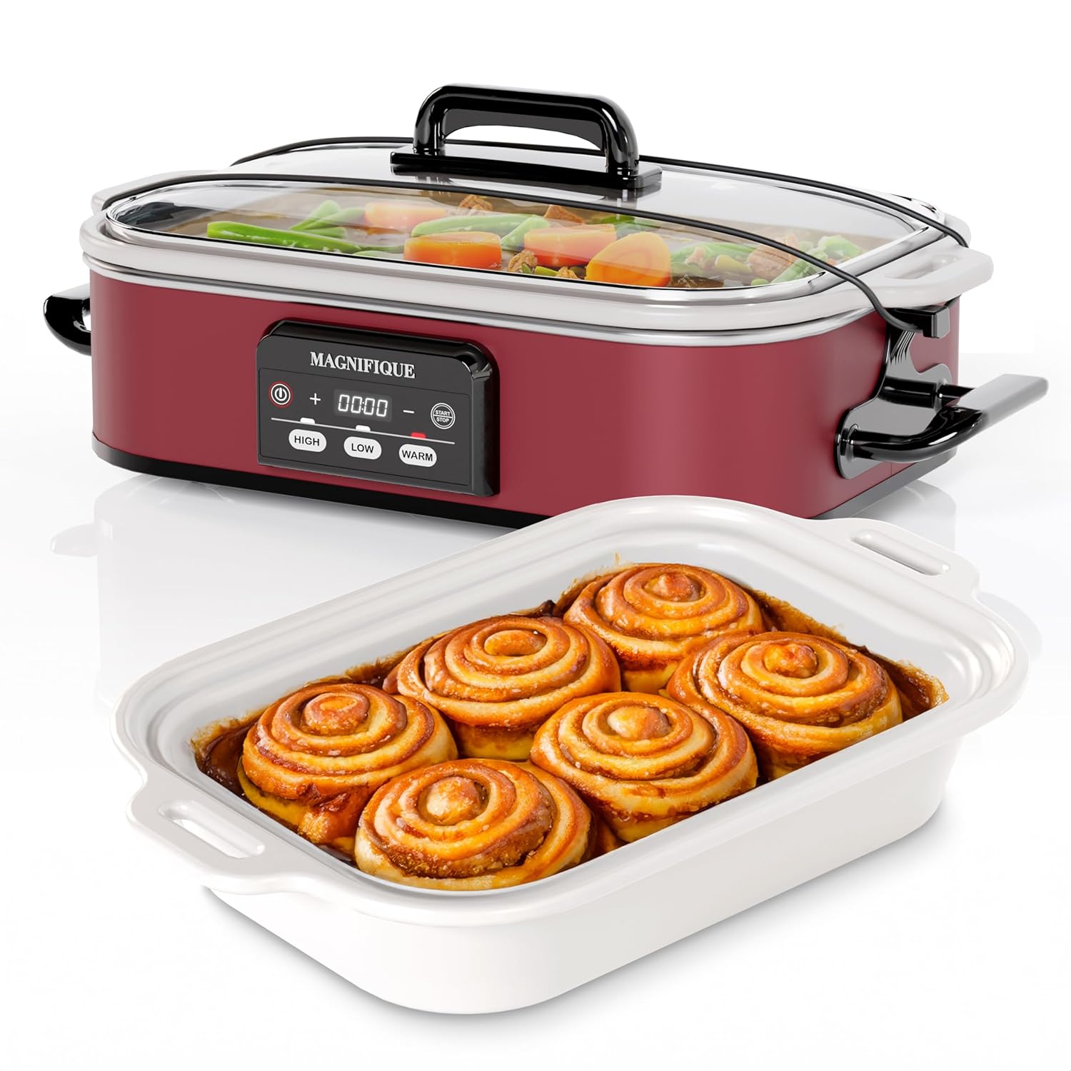 Magnifique 4 Quart Casserole Digital Slow Cooker Premium Ceramic Bakeware for Oven Dishwasher Safe Baking Dish Red