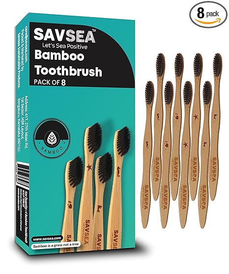 SavSea Soft Charcoal bamboo toothbrush - 8 pcs | Biodegradable bamboo toothbrush with medium bristles