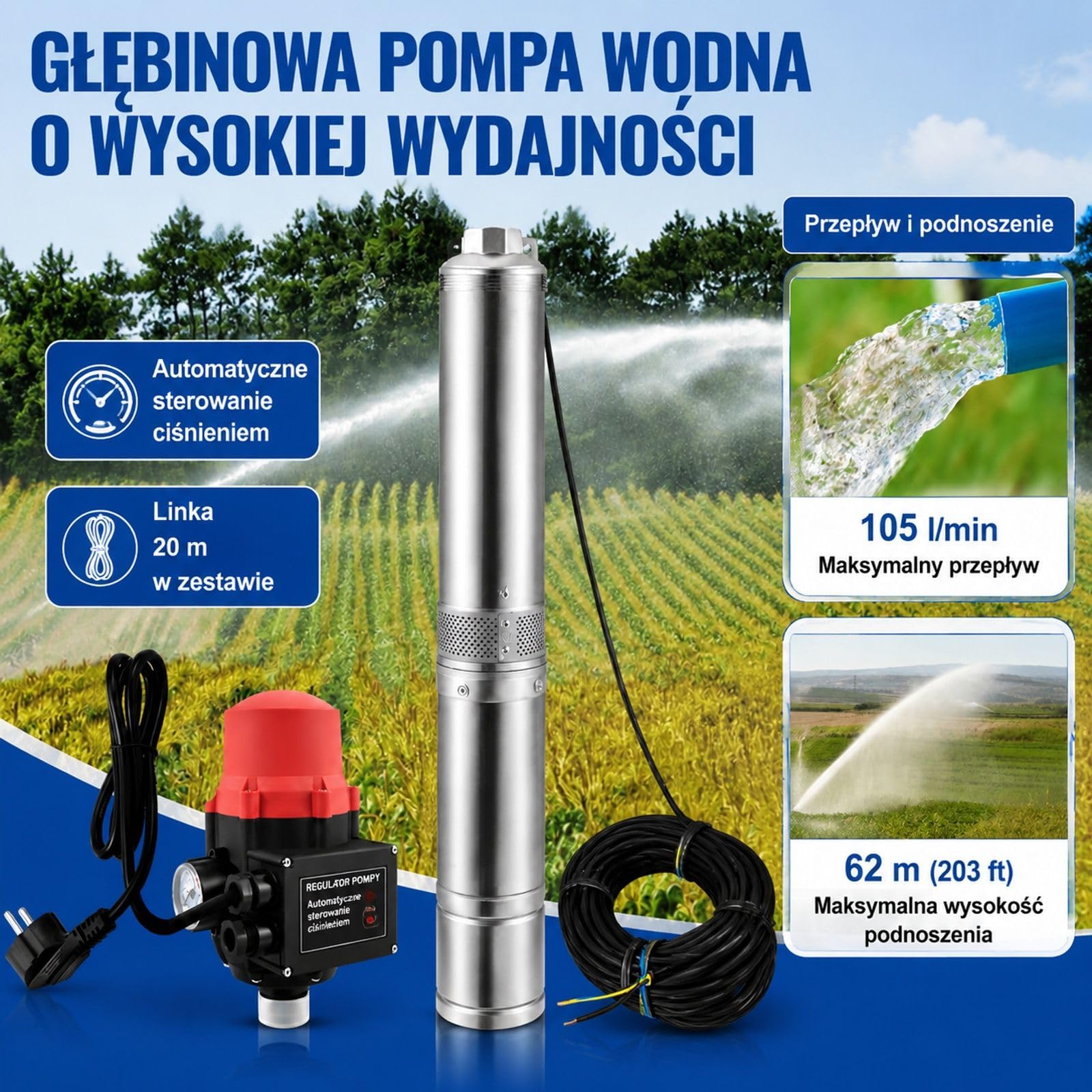 Pompa głębinowa 750 W, 105 l/min, wysokość podnoszenia 62 m, stal nierdzewna, kabel 20 m, do nawadniania i zaopatrzenia w wodę