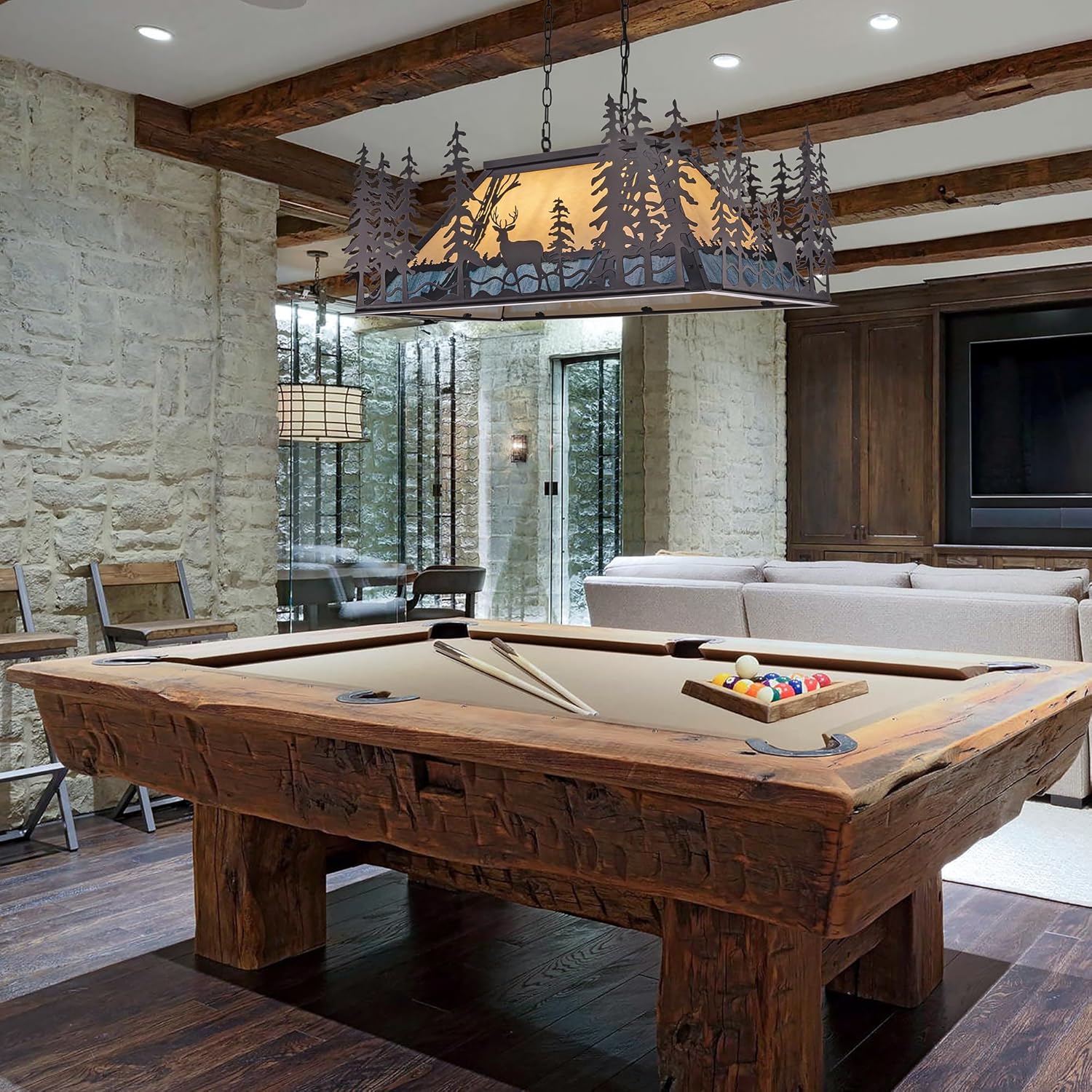 Wellmet Tiffany Pool Table Light, 3 Lights Rustic Deer Chandelier for Kitchen Island Cabin, Billiard Fixture Hanging Pendant Lamp for ' 8' 9' Table, Farmhouse Lighting or Country, Wild West Style