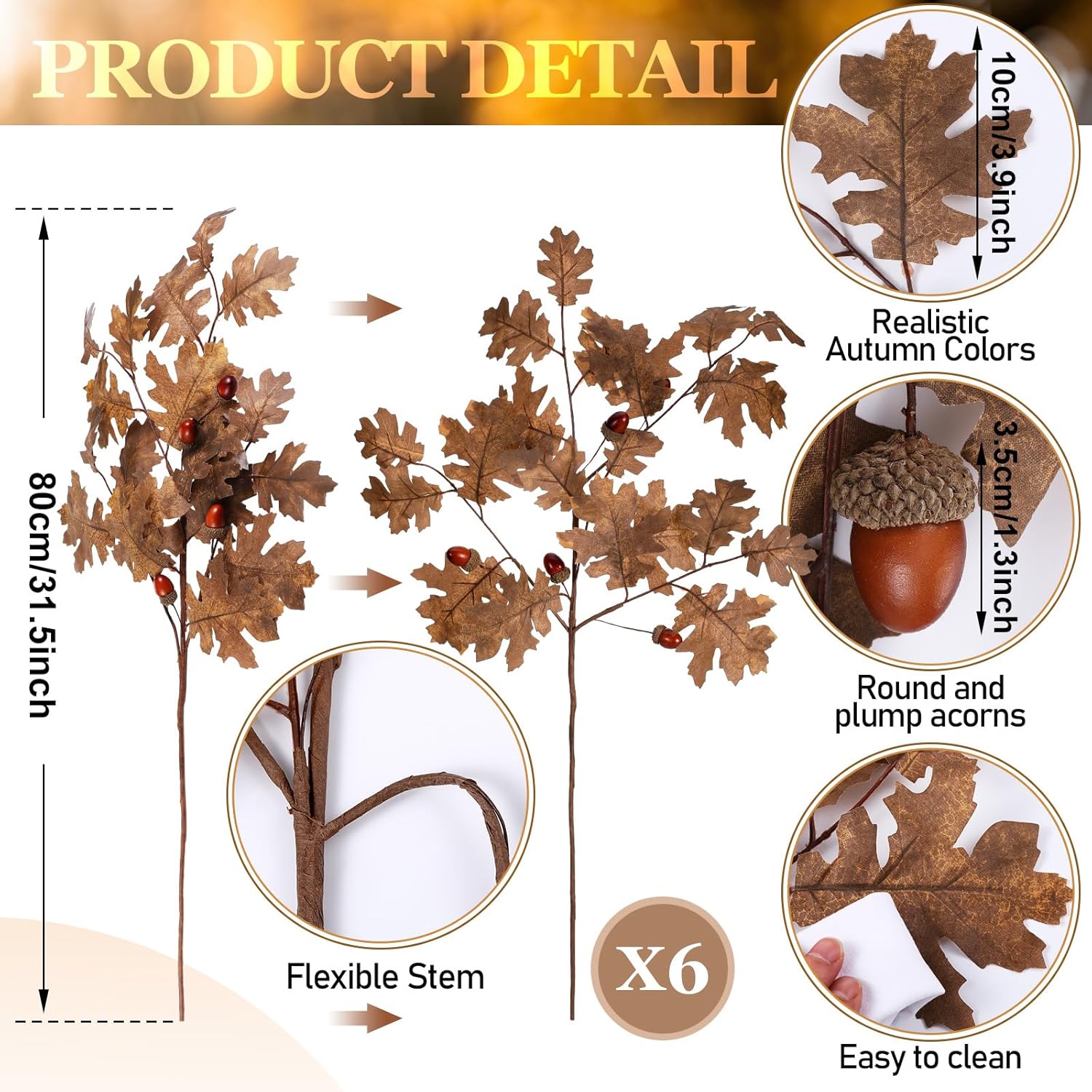 6 Pcs 6 Pcs 32in Artificial Fall Thanksgiving Faux Oak Branch Fake Oak Faux Fall Leaves Table Centerpieces Artificial Long Stem Greenery Foliage Farmhouse Autumn Home Decor (Brown) - Image 4