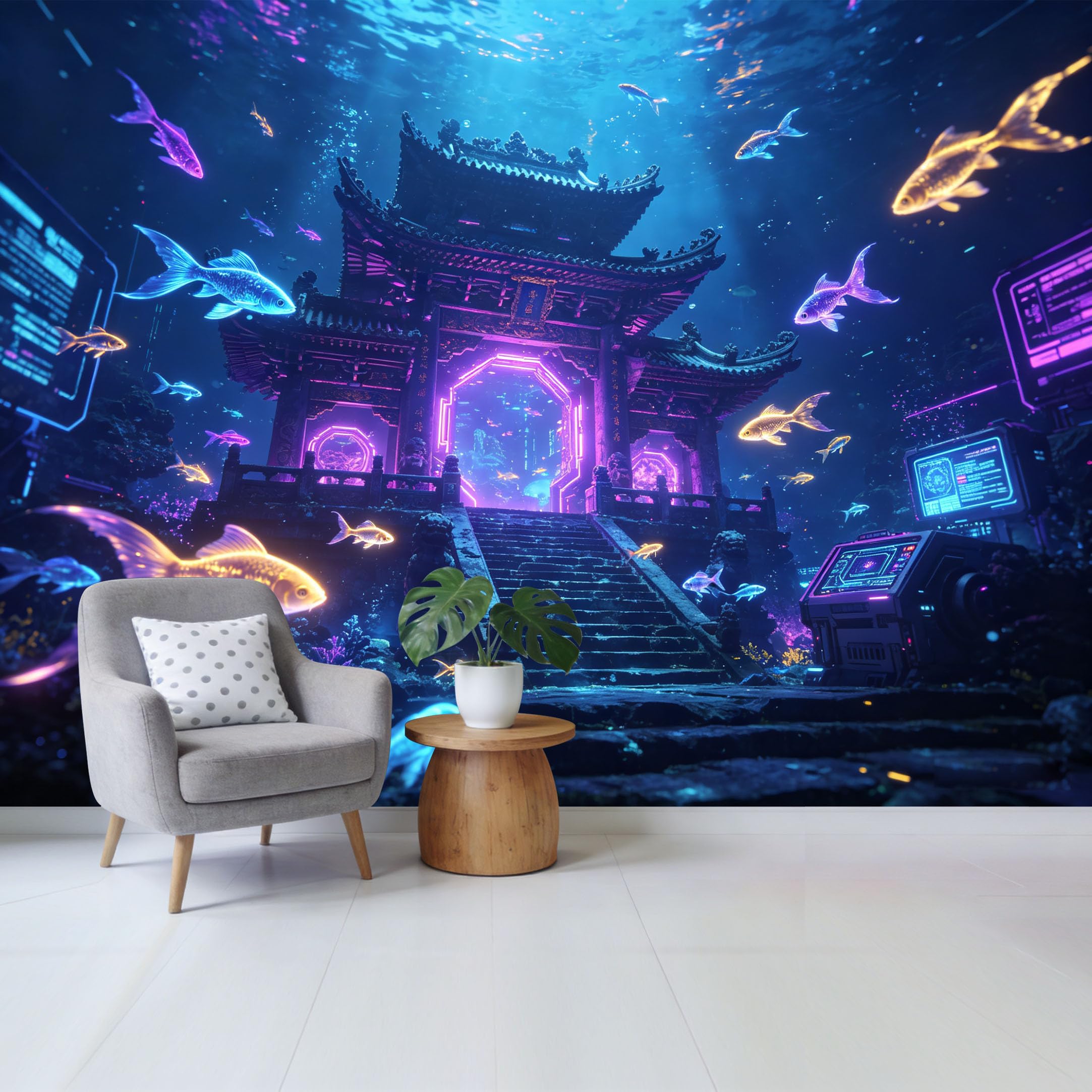 Custom Size Wall Mural Cyberpunk Underwater Temple Neon Goldfish Aquatic Fantasy 3D Trompe L'Oeil SelfAdhesive Wall Fabric Removable Wallpaper for Home Office Decor