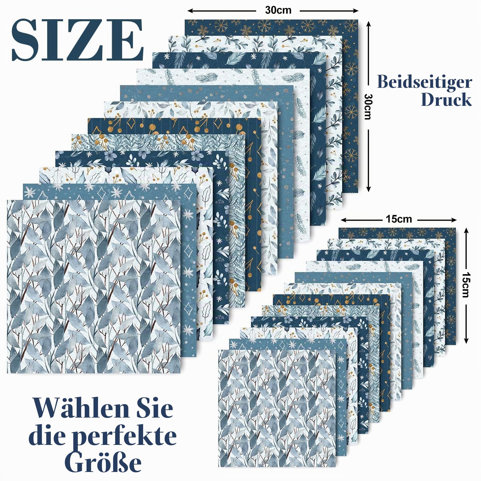Whaline 24 Stück Weihnachtsmuster Papier 30x30 cm Aquarell Winter Scrapbook Papier doppelseitig weiß blau Schneeflocke Bastelpapier für DIY Kartenherstellung Scrapbook Fotoalbum Dekoration, 12 Designs