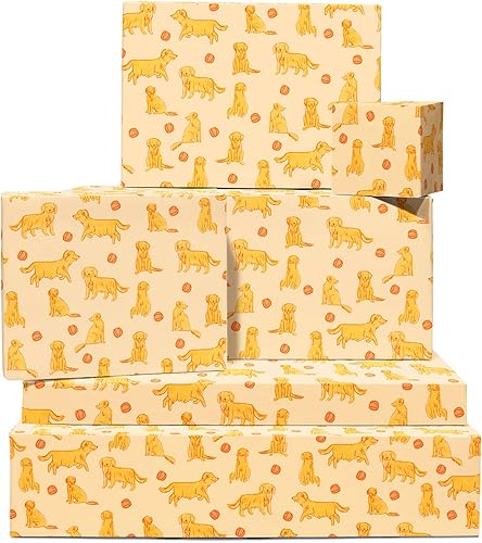 CENTRAL 23 - Papel de regalo de cumpleaños - 6 hojas de regalo - Perros Golden Retriever - Papel de regalo amarillo para niños, hombres y mujeres -