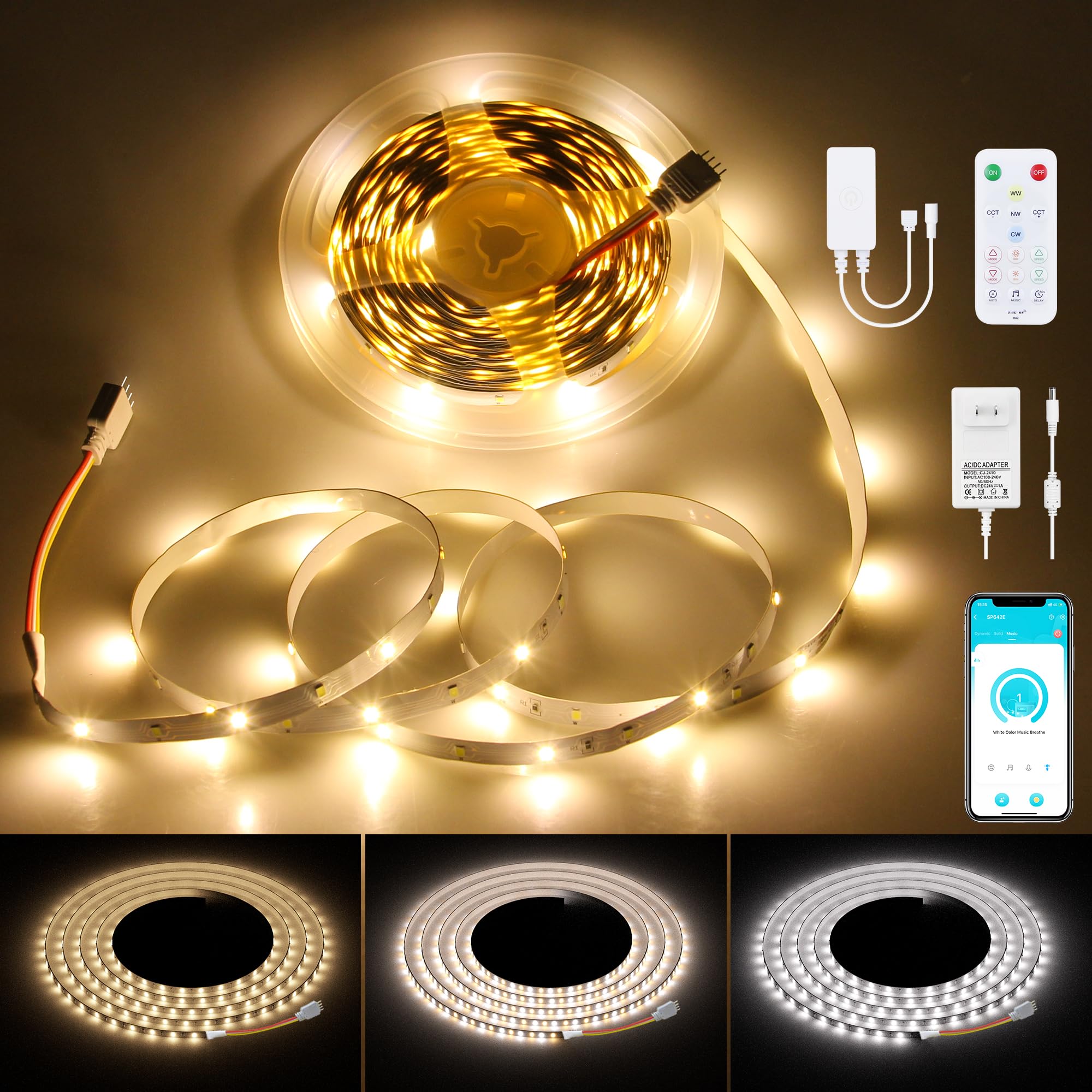 ALITOVE 32.8ft White LED Light Strip Tunable App Control 2700K-6500K CCT LED Tape Light 24V Dimmable Music Mode Flexible Led Strip Lighting Kit for Indoor Home Commercial DIY