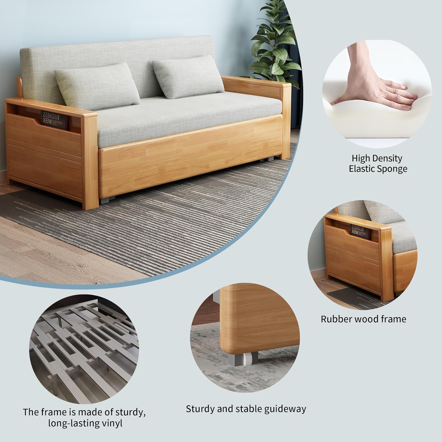 59" convertible sofa sleeper with storage,grey soft cushion sectional sleeper sofa with reversible chaise,solidwood log color couch 3 in 1 pull out couch bed for livingroom,apartment,bedroom,office
