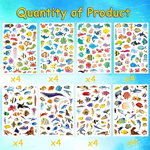 Miniatura 4 de Calcomanías de animales del océano, 1056 unidades, animales marinos, océanos, tiburones, peces tropicales, recuerdos de fiesta, bolsas de regalo,