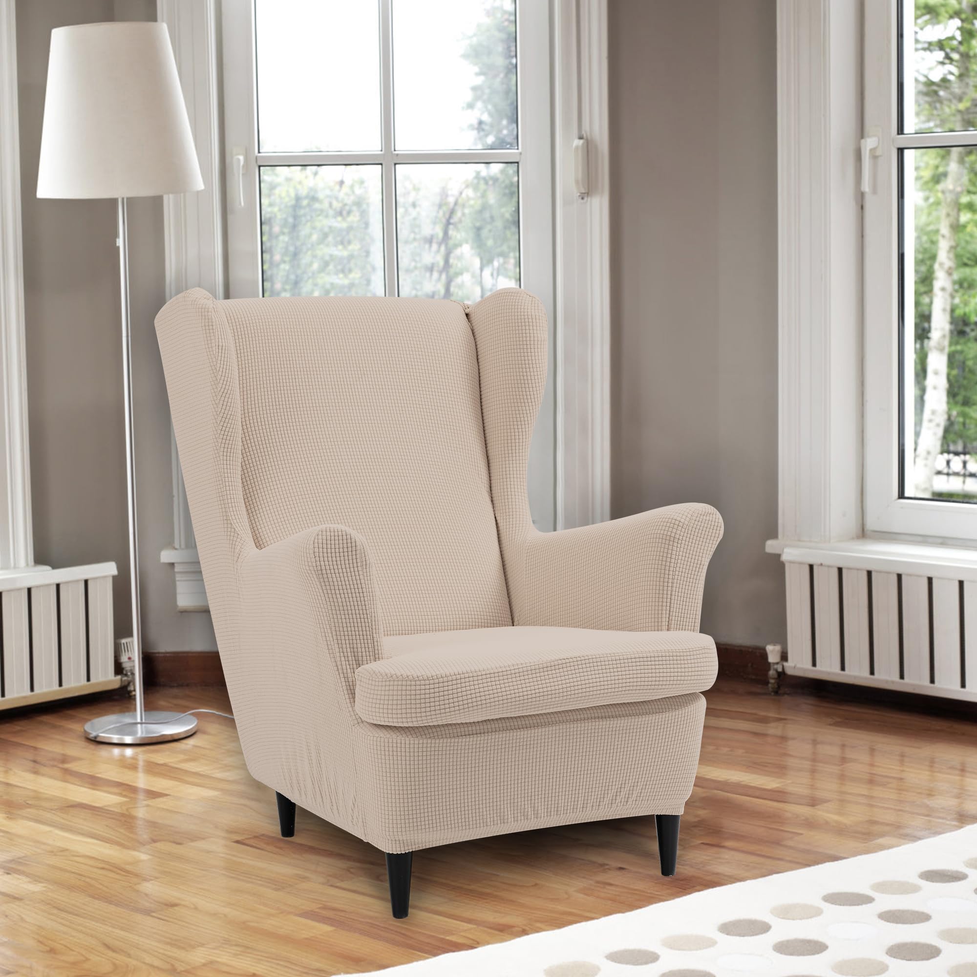 TIANSHU Vleugelstoelhoes, Vleugelstoel Fauteuilhoes Bevat 1 Stoelhoes en 1 Stoelkussenhoes Stretch Antislip Fauteuilbeschermer Afneembare Fauteuilhoes Wasbaar (type A, zand