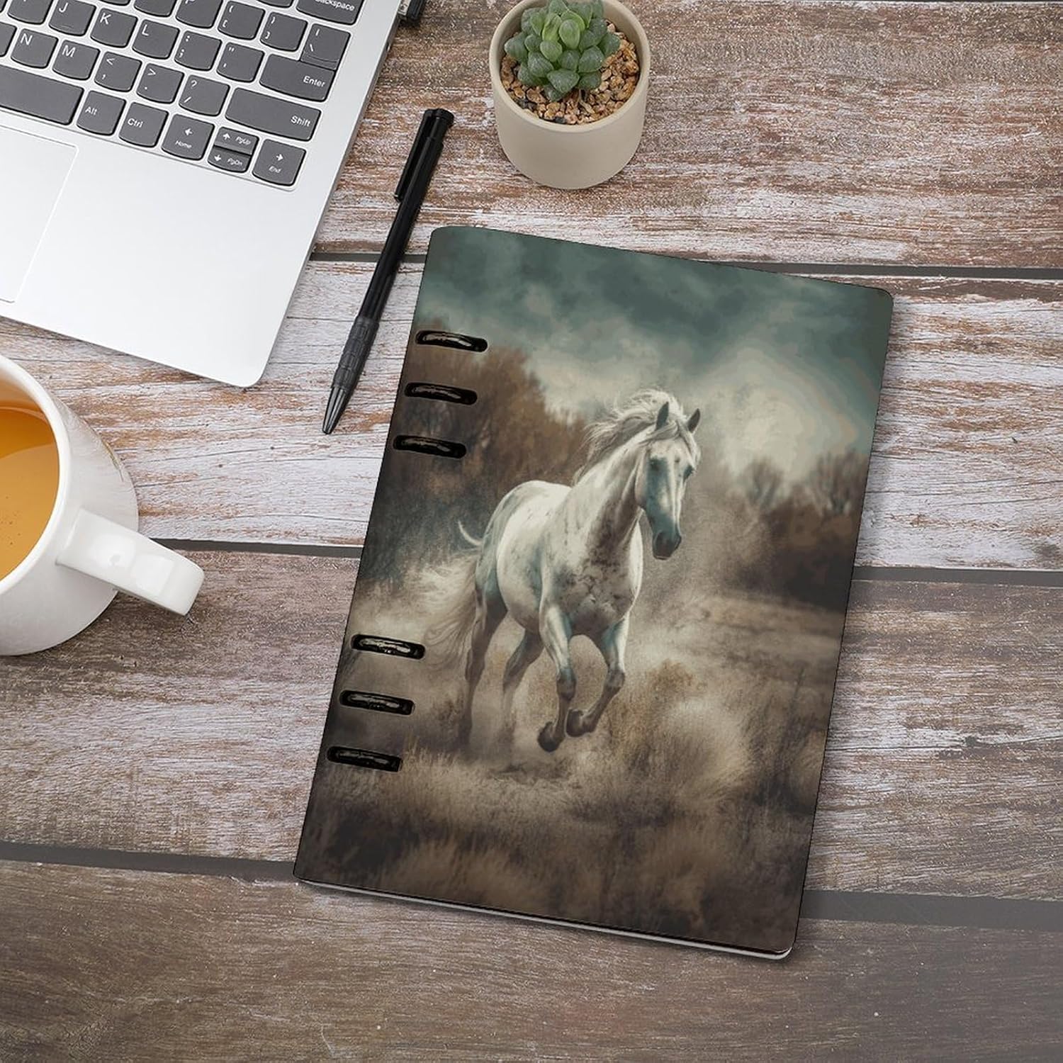 FekiLoot Horse Running in Field Notebook 6-Ring Professional Notebook PU Leather Water Resistant Cover Planner Book A5 Binder Journaling for Work Note Taking Writing Women Men