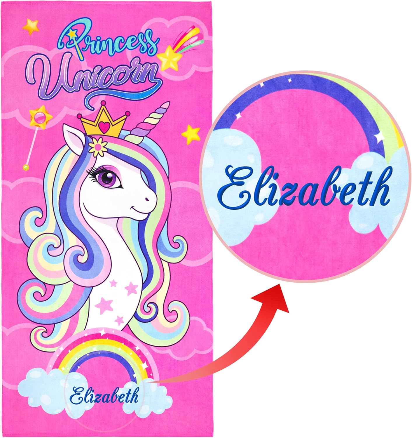 Beachland Unicorn and Stars Custom Beach Towel 30 x 60 inch Cotton Rainbow Colors Princess Unicorn (One Personalized Towel)