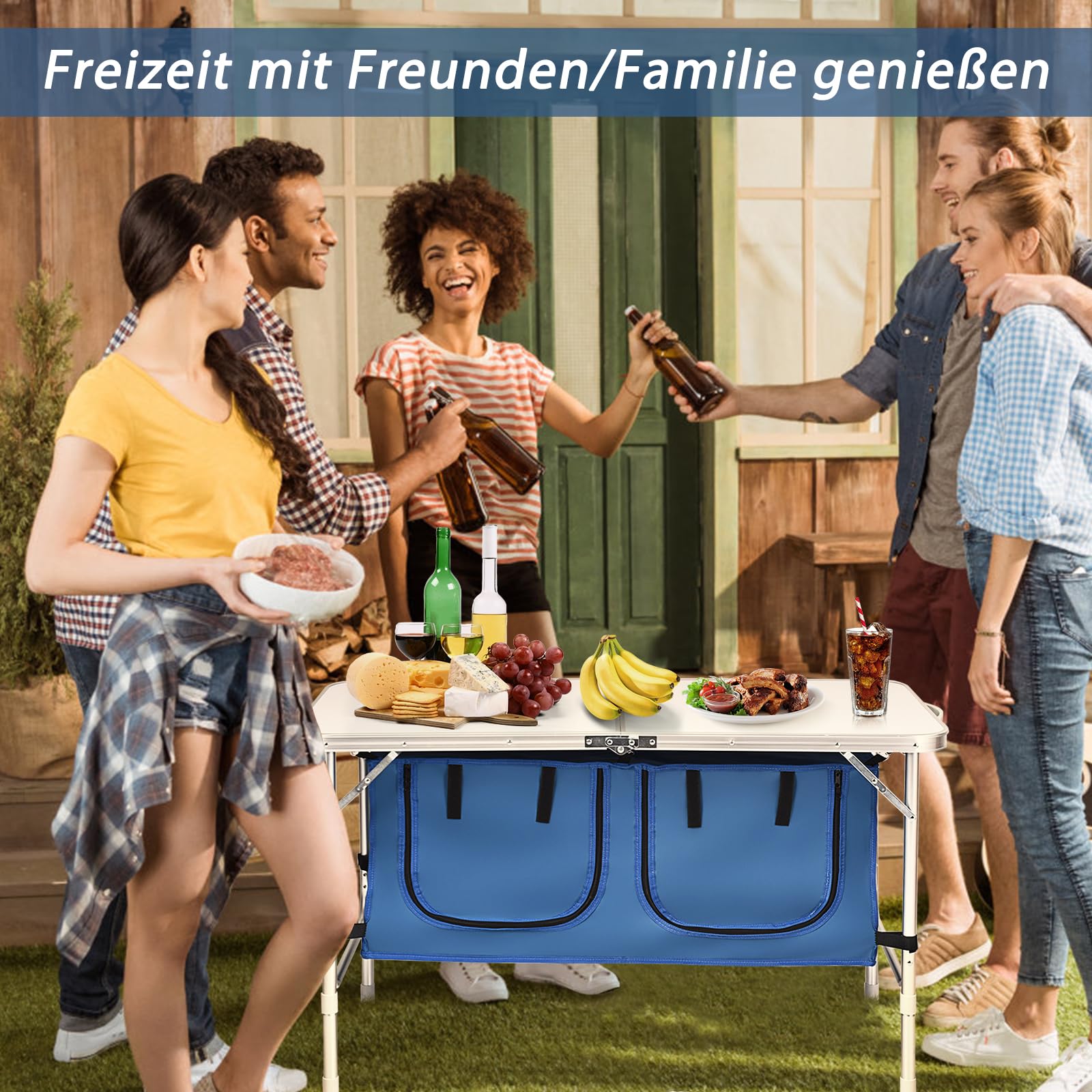 GYMAX faltbar Campingschrank, Campingküche mit großem Stauraum, 2 einstellbare Höhen, Outdoor Alu Picknicktisch Klapptisch Gartentisch für Strand, Garten, Grillparty