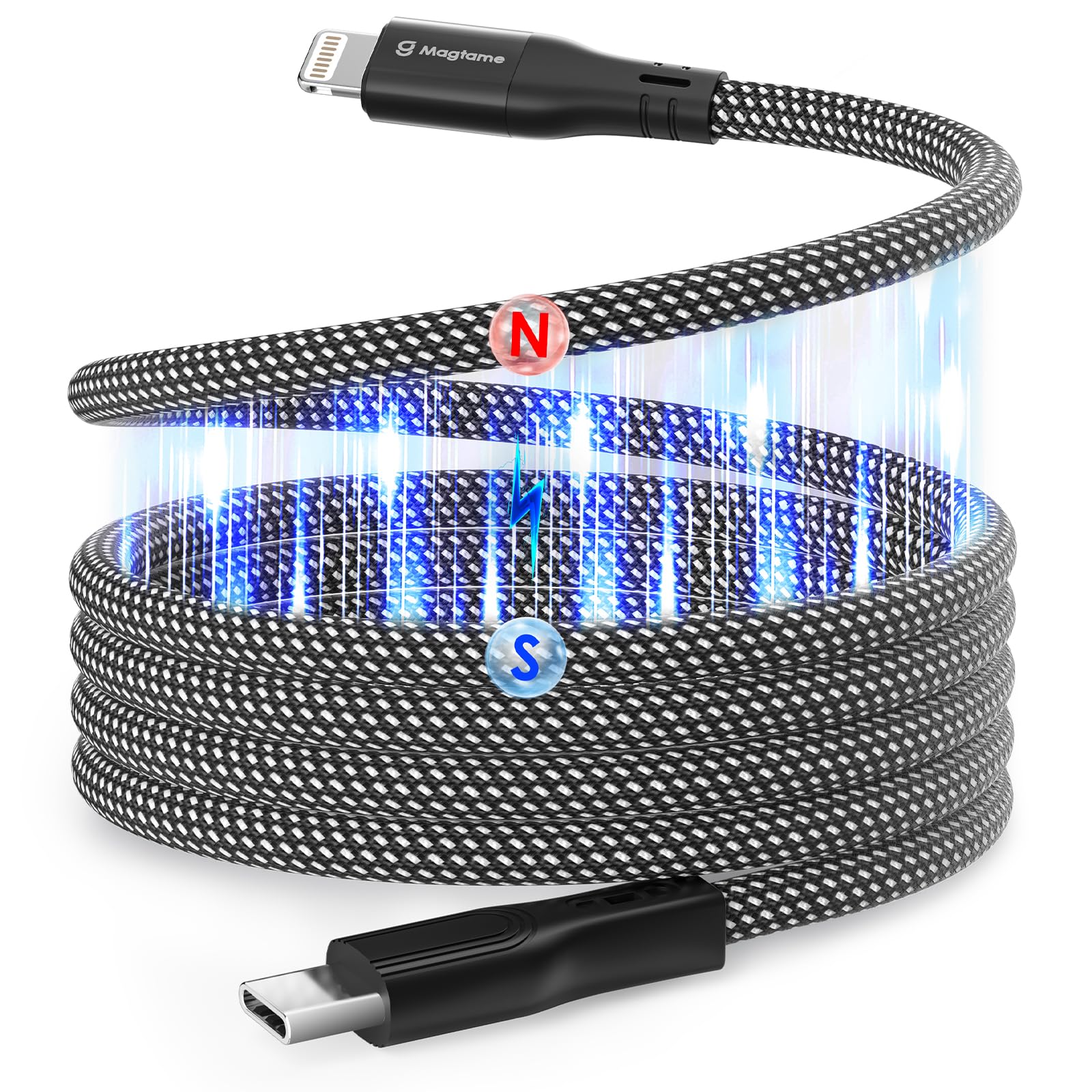 Magtame Magnetic USB C to Lightning Kabel Coiled, 1M MFi Certified USBC to Lightning Kabel Geflochten, Phone Schnellladekabel für Phone 14 13 12 11 Pro Max XR XS X 8 Plus SE Schwarz