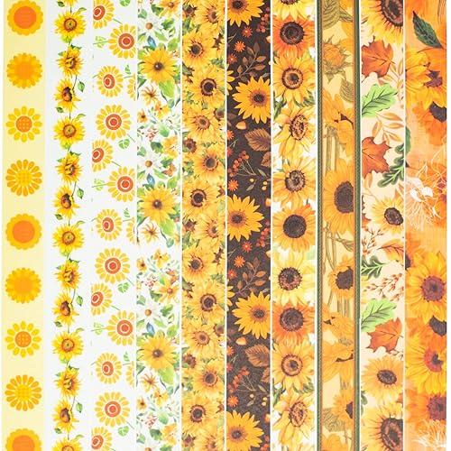 Miniatura 6 de YUBX Juego de 10 rollos de cinta washi de girasol, estampado floral, cintas decorativas para manualidades, diarios, planificadores, álbumes de