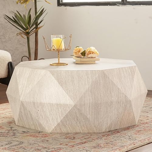 Miniatura 3 de SSLine Mesa de centro de madera en forma de tambor con patrón de diamante, mesa central de grano de travertino sintético, mesa de centro creativa y