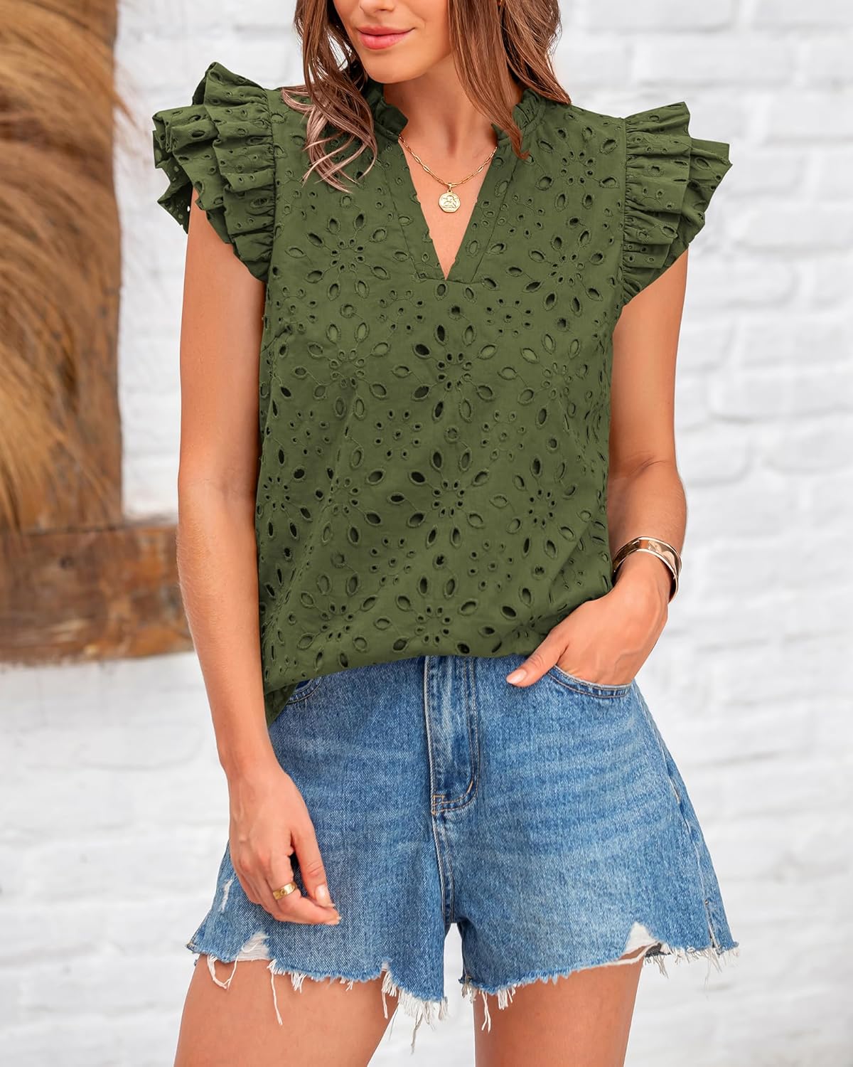 BTFBM Spring Summer Tops for Women 2026 Dressy Casual V Neck Ruffle Cap Sleeve Embroidered Eyelet Blouses Resort Wear - Image 5