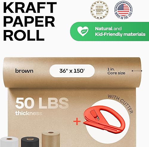 Vista 156 de Rollo de papel kraft marrón de 24 x 1800 pulgadas (150 pies) con cortador, papel de calidad fabricado en Estados Unidos, 50 libras de grosor