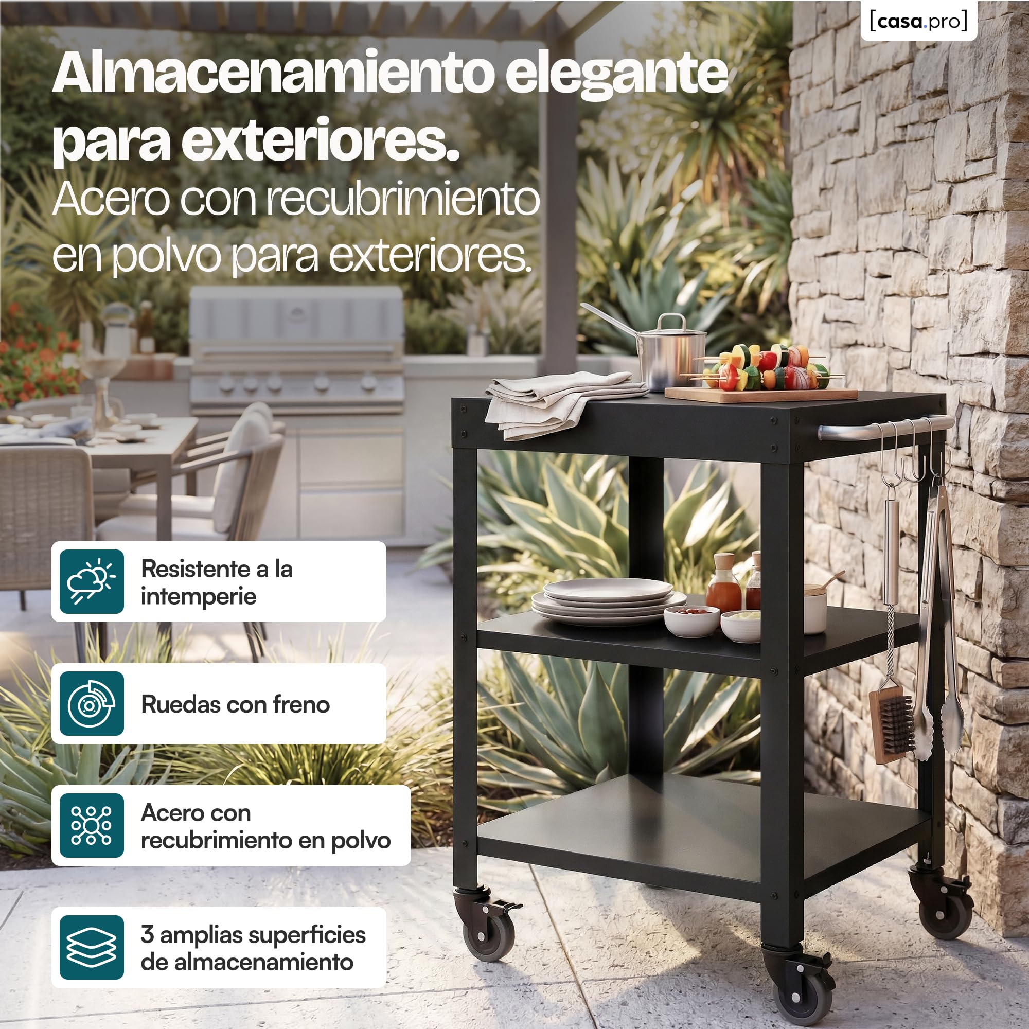 casa.pro Carro de Servicio Bolognano para Jardín Carrito Auxiliar con Ruedas de Exterior Carro de Barbacoa de 3 Niveles Patio Piscina Terraza Metal 81 x 50 x 50 cm - Negro