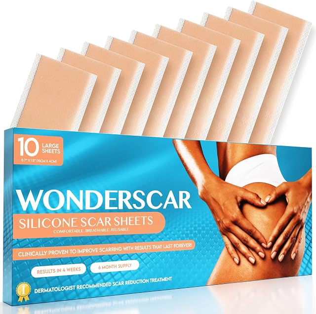 Wonderscar 10 Large Silicone Scar Sheets (5.7" x 1.6") Medical Grade Recovery Treatment Tape for Removal of Keloid, C-Section, Burn, Surgical Marks - Reusable Gel Strips with Stick Pad Patch
