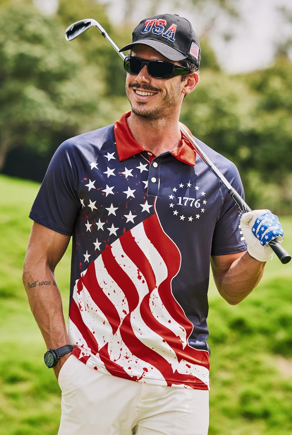 Mainfini Men's Short Sleeve Golf Shirts UPF 50+ Raglan Patriotic American Graphic Polo Shirt (S-3XL)