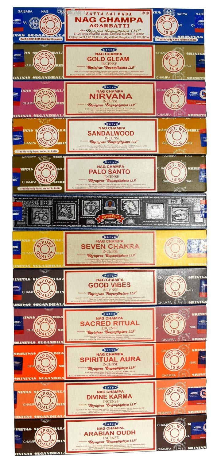 Satya Nag Champa Gold Gleam,Nirvna, Sandalwood,palo Santo,Seven Chakra,Good Vibes,Sacred Ritual, Spiritual Aura,Divine Karma,Ababin Oudh,Incense Sticks Set of 12 Pieces-Assorted