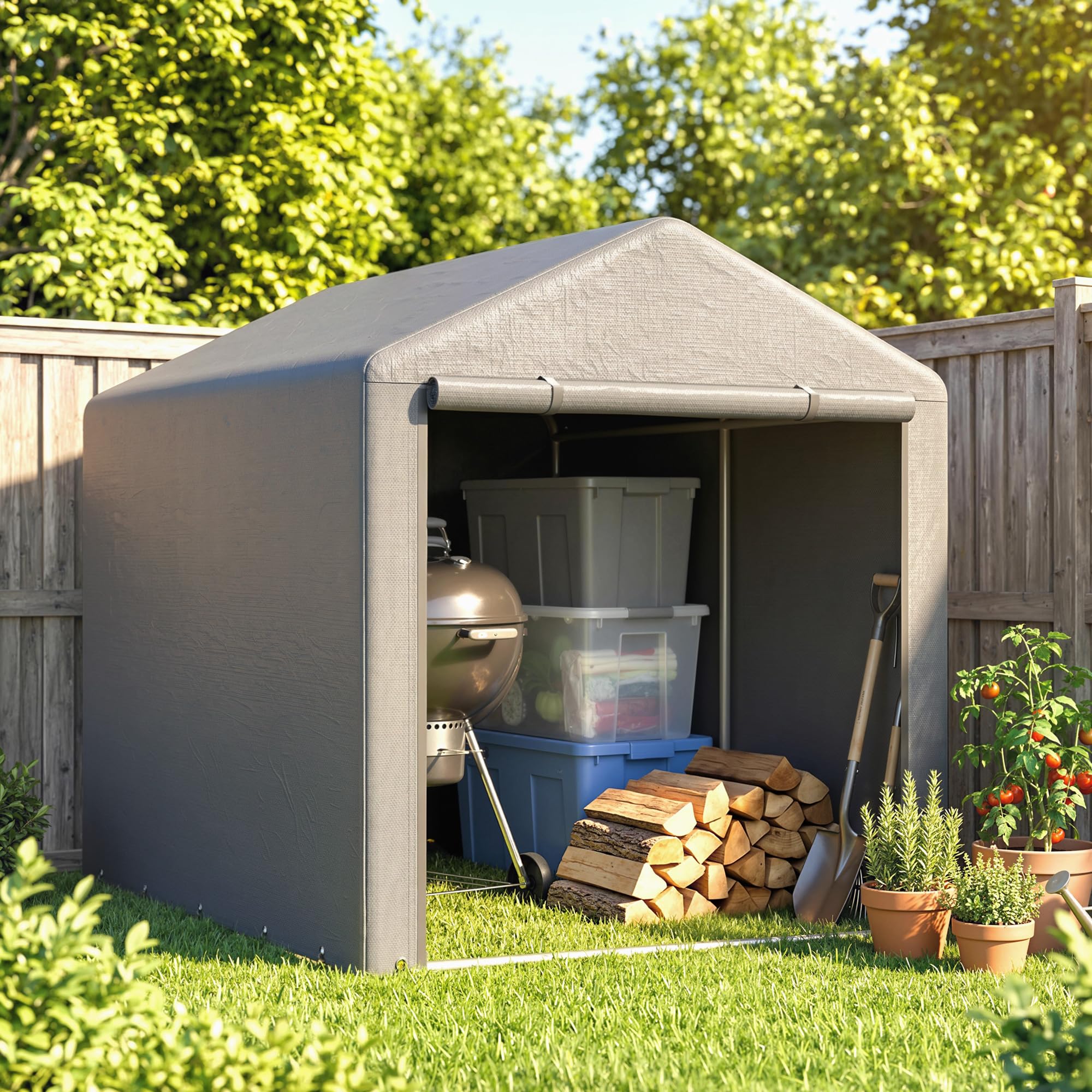 Outsunny Carpa de Jardín Exterior 2 Habitaciones 1,6x2,2x1,7 m Gris Claro | para Herramientas Bicicletas, Cobertizo Exterior, Puerta Enrollable con Cremallera, Impermeable Anti-UV, Garaje Portátil