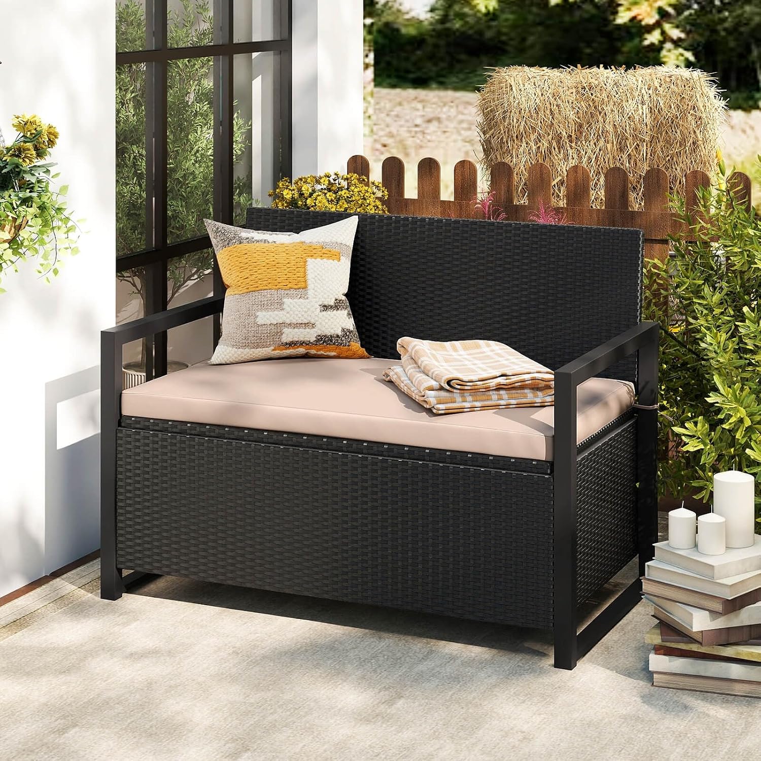 Patio Storage Bench Heavy-duty Wicker Loveseat w/ Built-in Storage & Long Seat Cushion