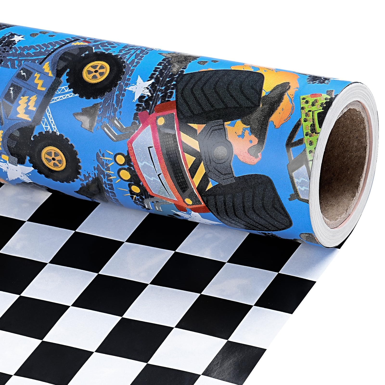 RUSPEPA Mini Reversible Monster Truck Gift Wrap - Monster Truck & Checkered Design, Dark Blue Paper, 43.2cm x 5m - For Boys, Kids, Birthday Gifts, Themed Parties, Holidays — image 1
